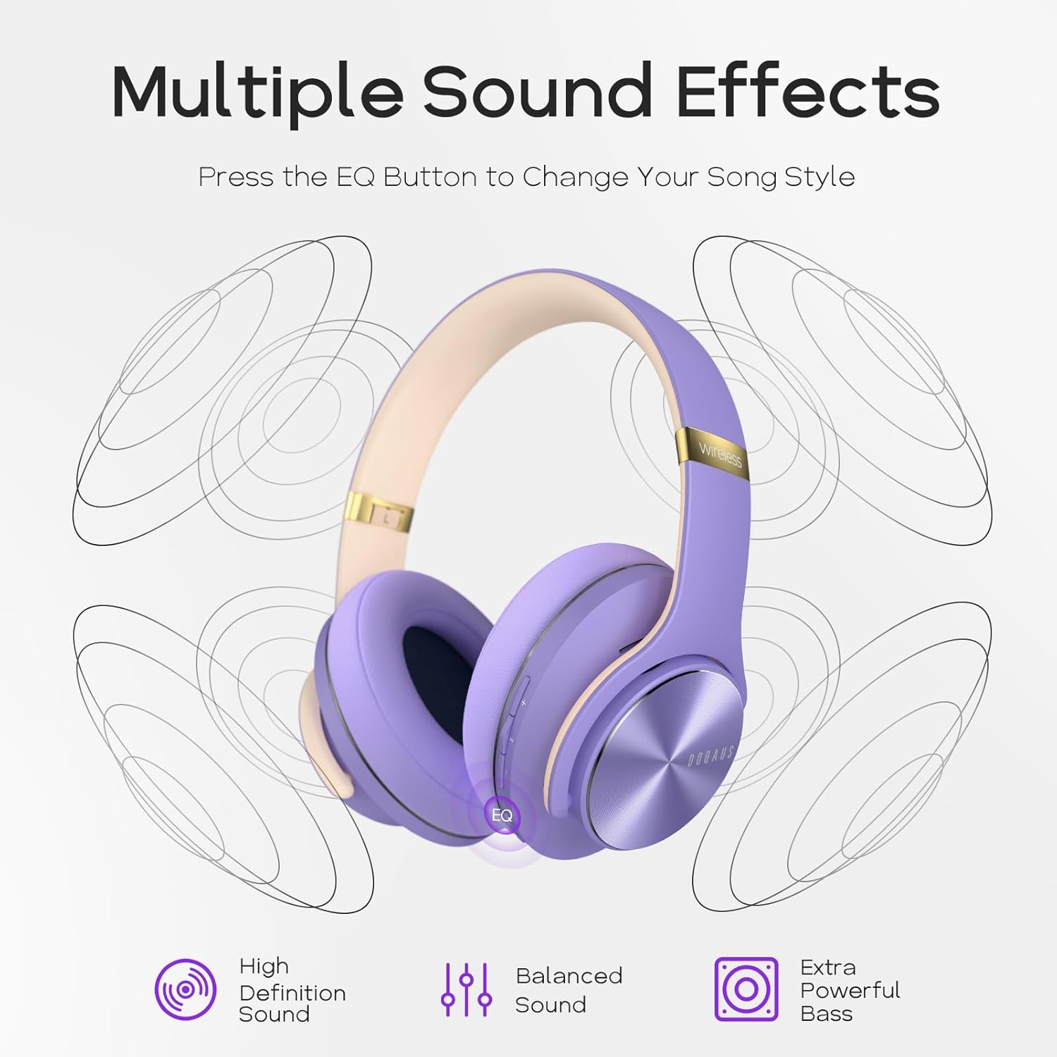 Écouteurs sans fil, écouteurs Bluetooth avec 3 modes d'égalisation, casques d'écoute stéréo haute-fidélité avec microphone pour iPhone/PC, violet