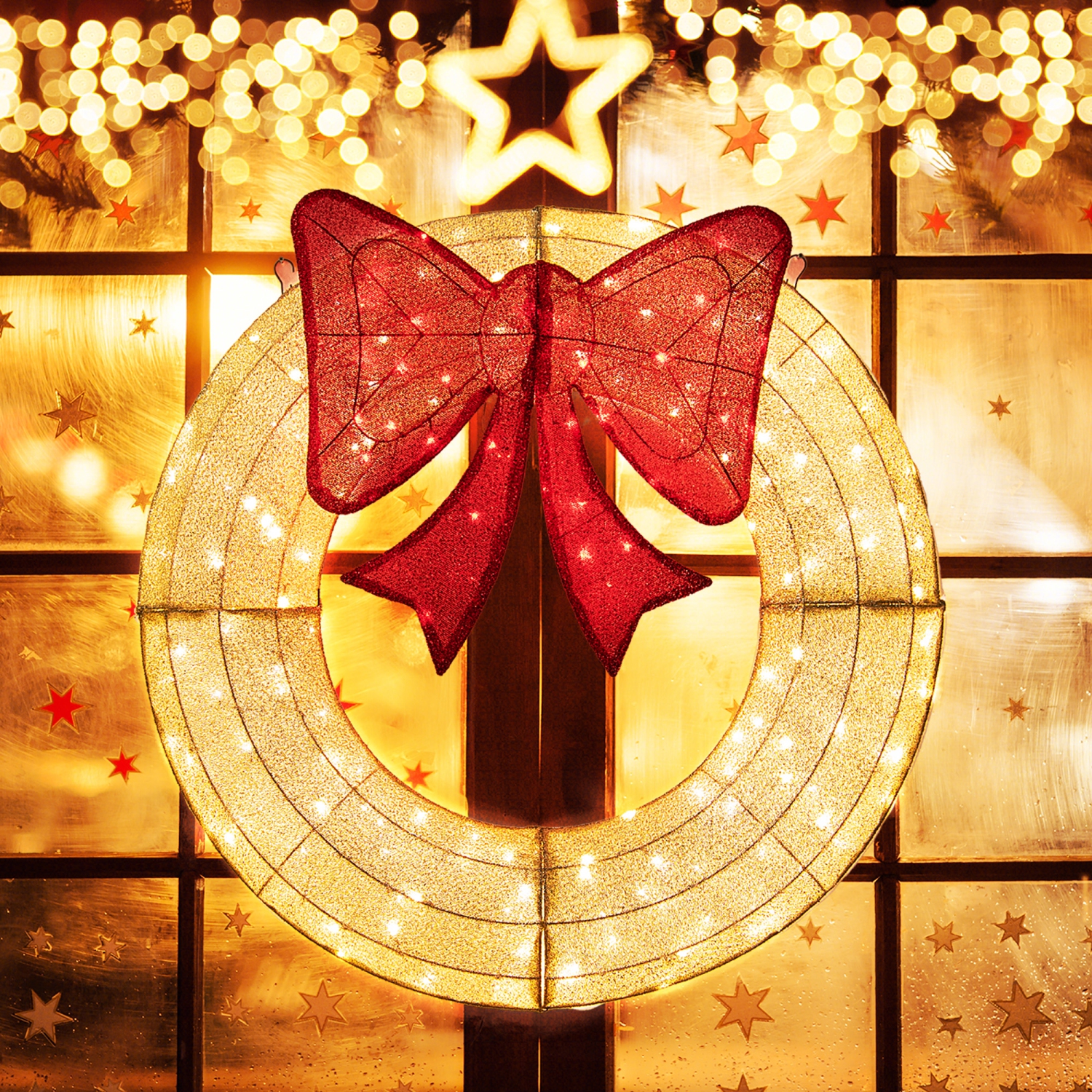 Gymax 48 Inch Lighted Christmas Mesh Wreath Pre-Lit Festive Wreath w/ 200 LED Bulbs