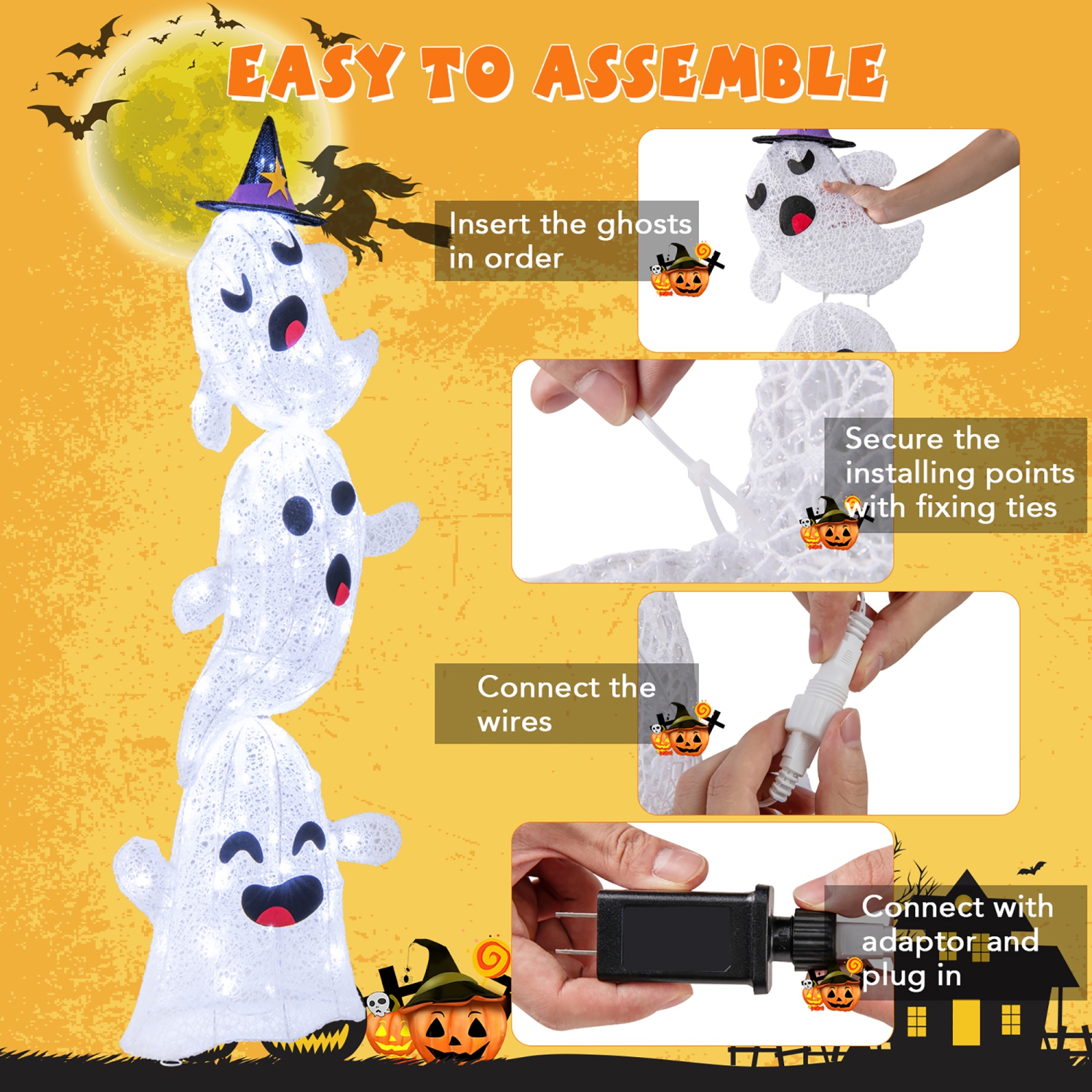 Gymax 4 Ft Halloween Decorations Outdoor Stacked Ghosts w/ Built-in LED lights