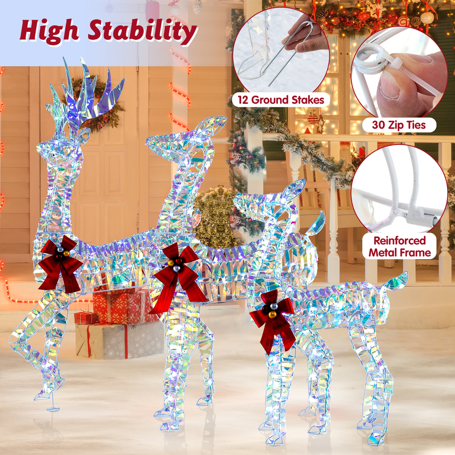 Gymax 3-Piece Iridescent Reindeer Family Set Christmas Pre-Lit Deer w/ 230 LED Lights