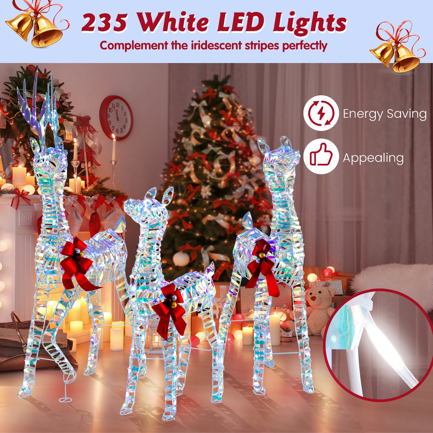 Gymax 3-Piece Iridescent Reindeer Family Set Christmas Pre-Lit Deer w/ 230 LED Lights