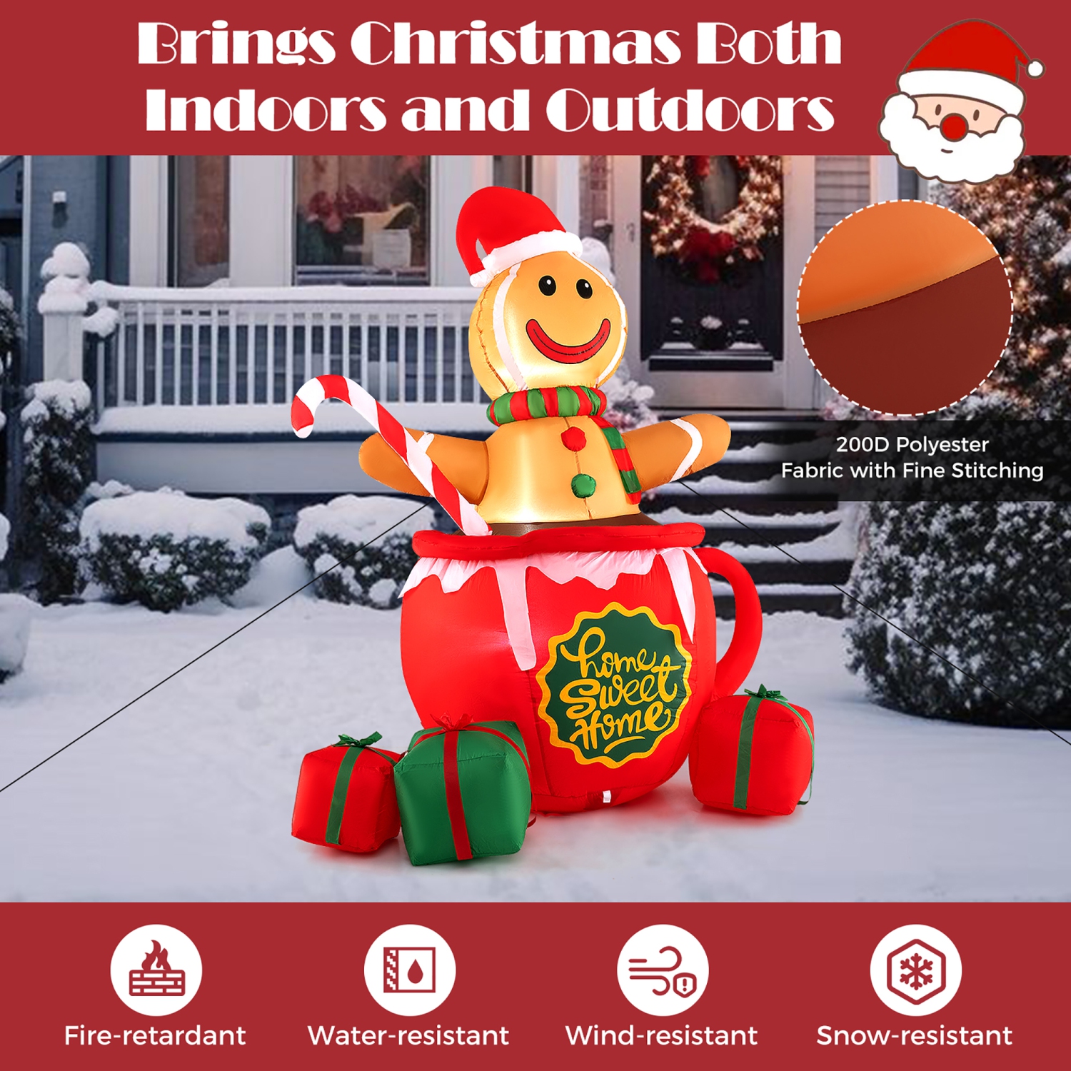 Gymax 7 Ft Christmas Inflatable Blow up Pre-Lit Gingerbread Man in Mug w/ Gift Boxes