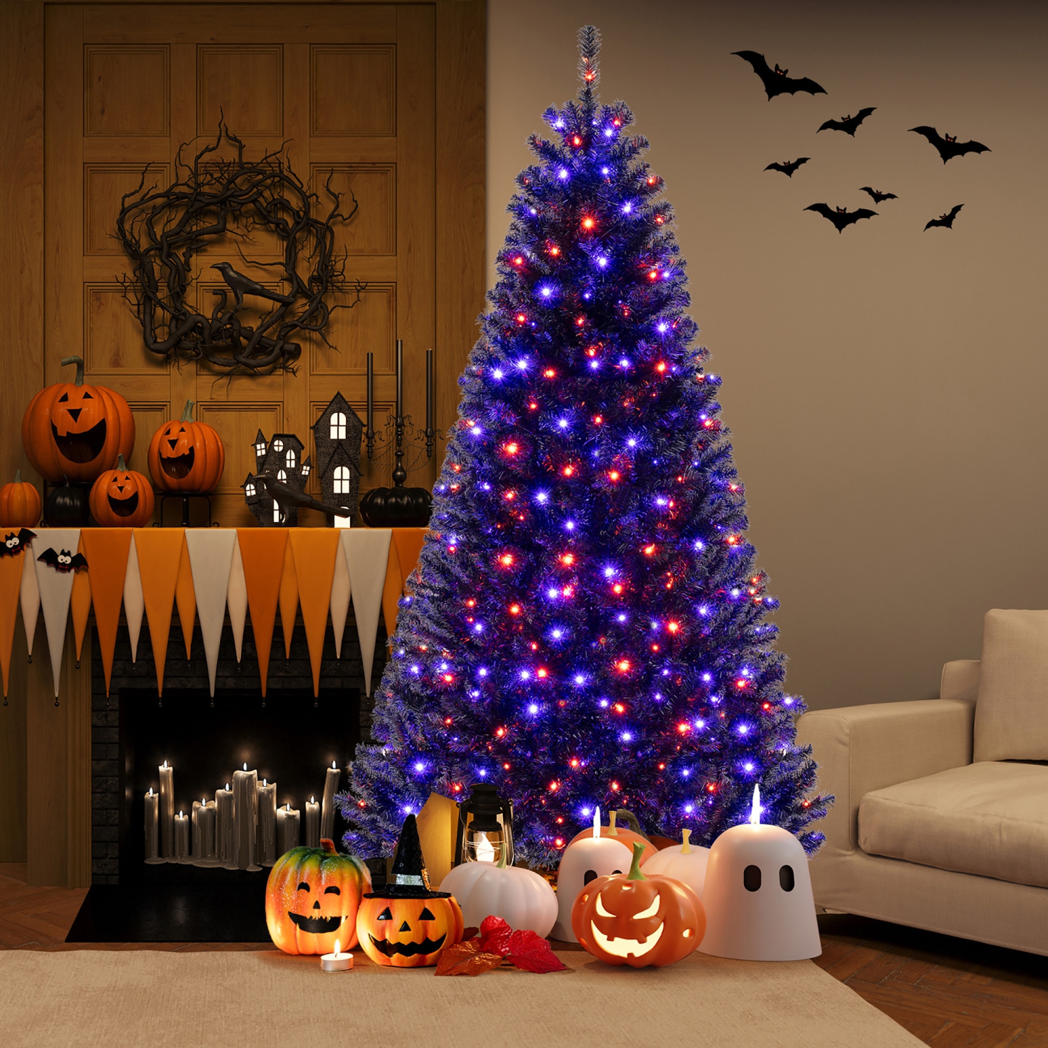 Gymax 6/7/8 Halloween Tree Artificial Decoration Tree w758/1040/1408 Branch Tips 6 Lighting Modes