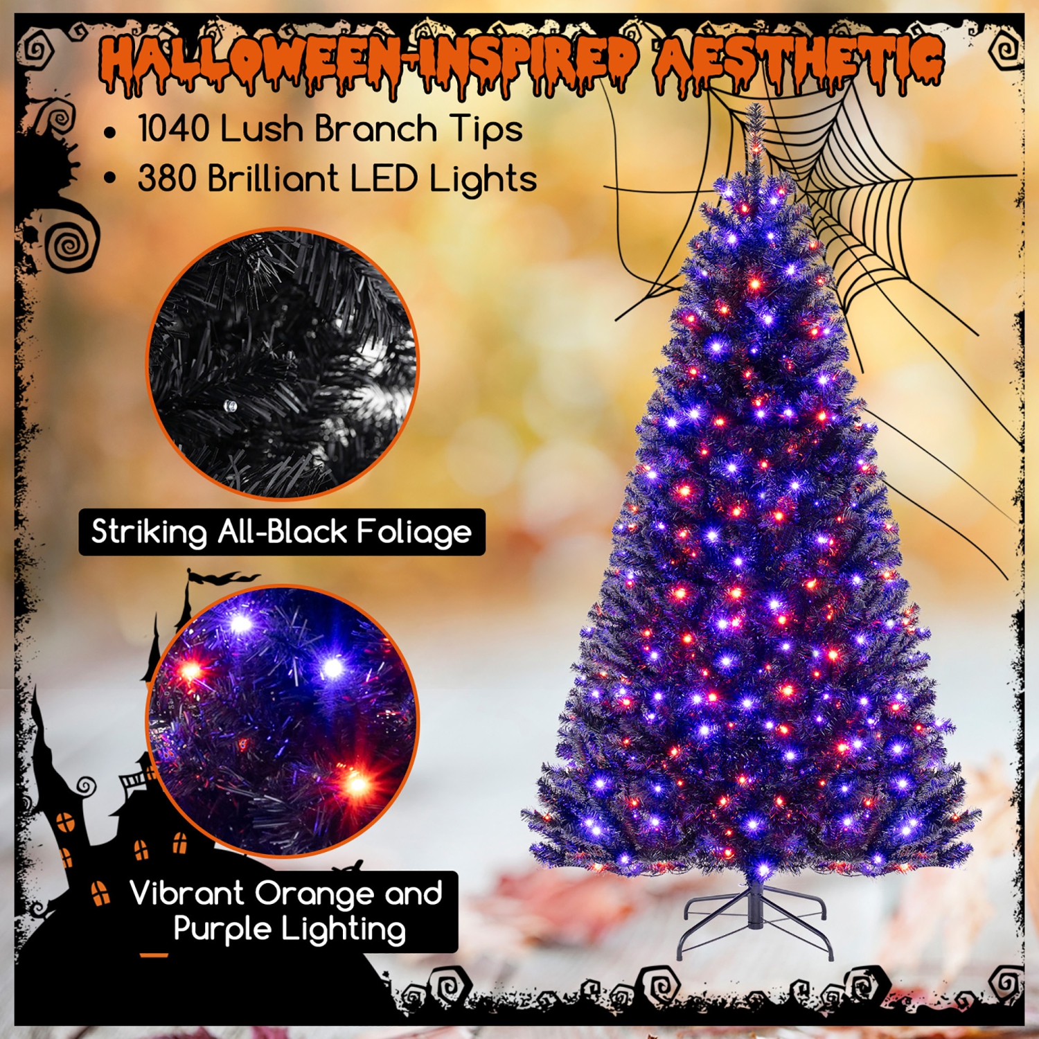 Gymax 6/7/8 Halloween Tree Artificial Decoration Tree w758/1040/1408 Branch Tips 6 Lighting Modes