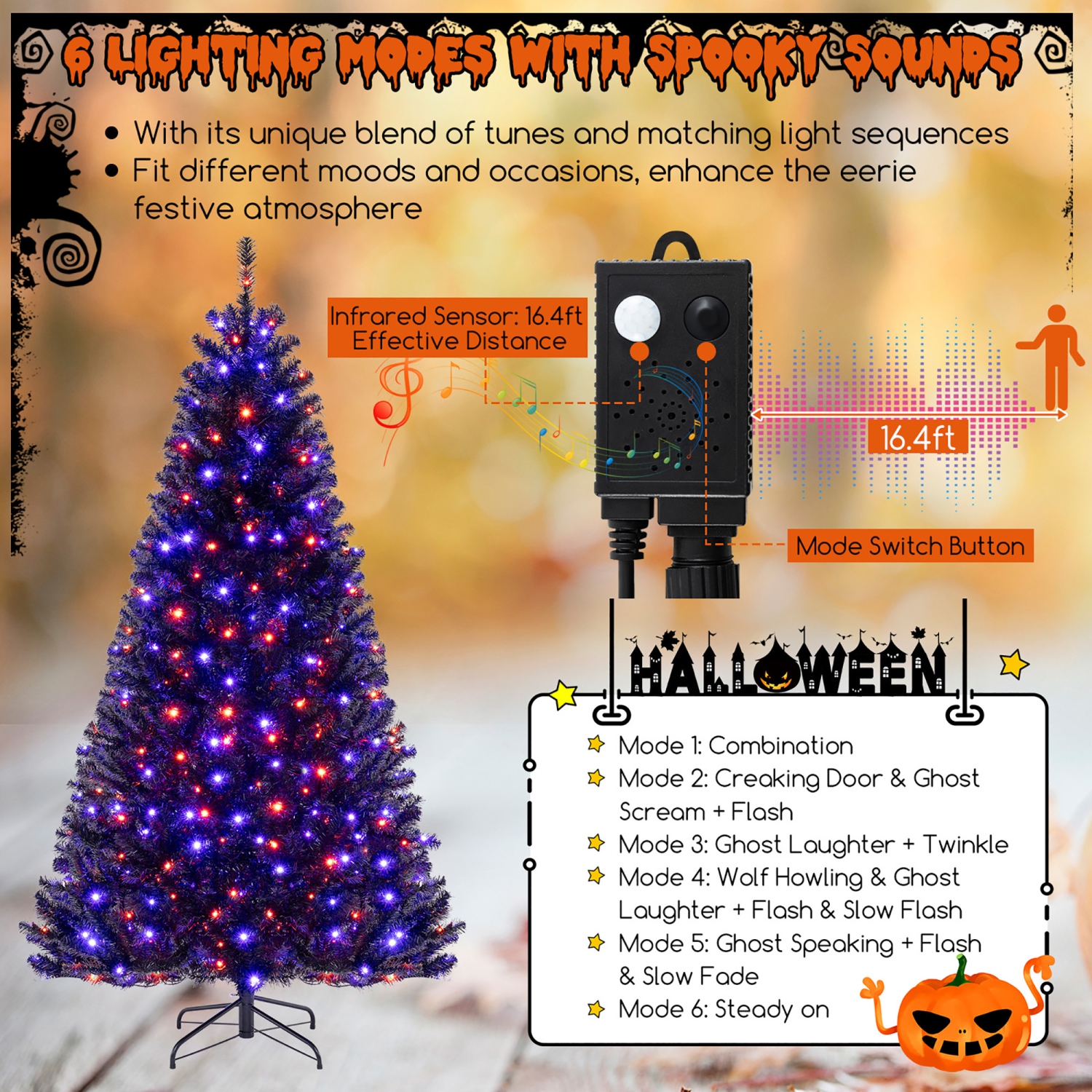 Gymax 6/7/8 Halloween Tree Artificial Decoration Tree w758/1040/1408 Branch Tips 6 Lighting Modes