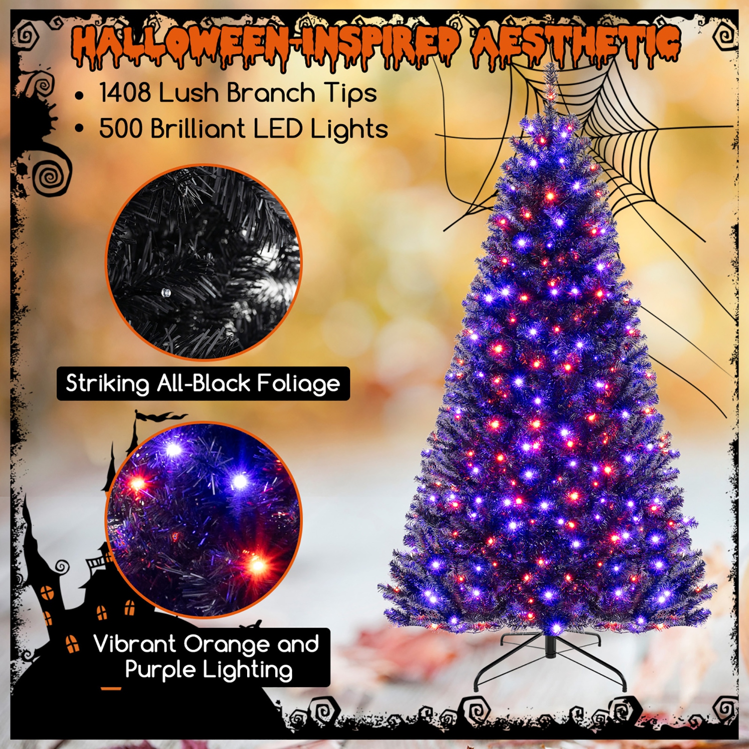 Gymax 6/7/8 Halloween Tree Artificial Decoration Tree w758/1040/1408 Branch Tips 6 Lighting Modes