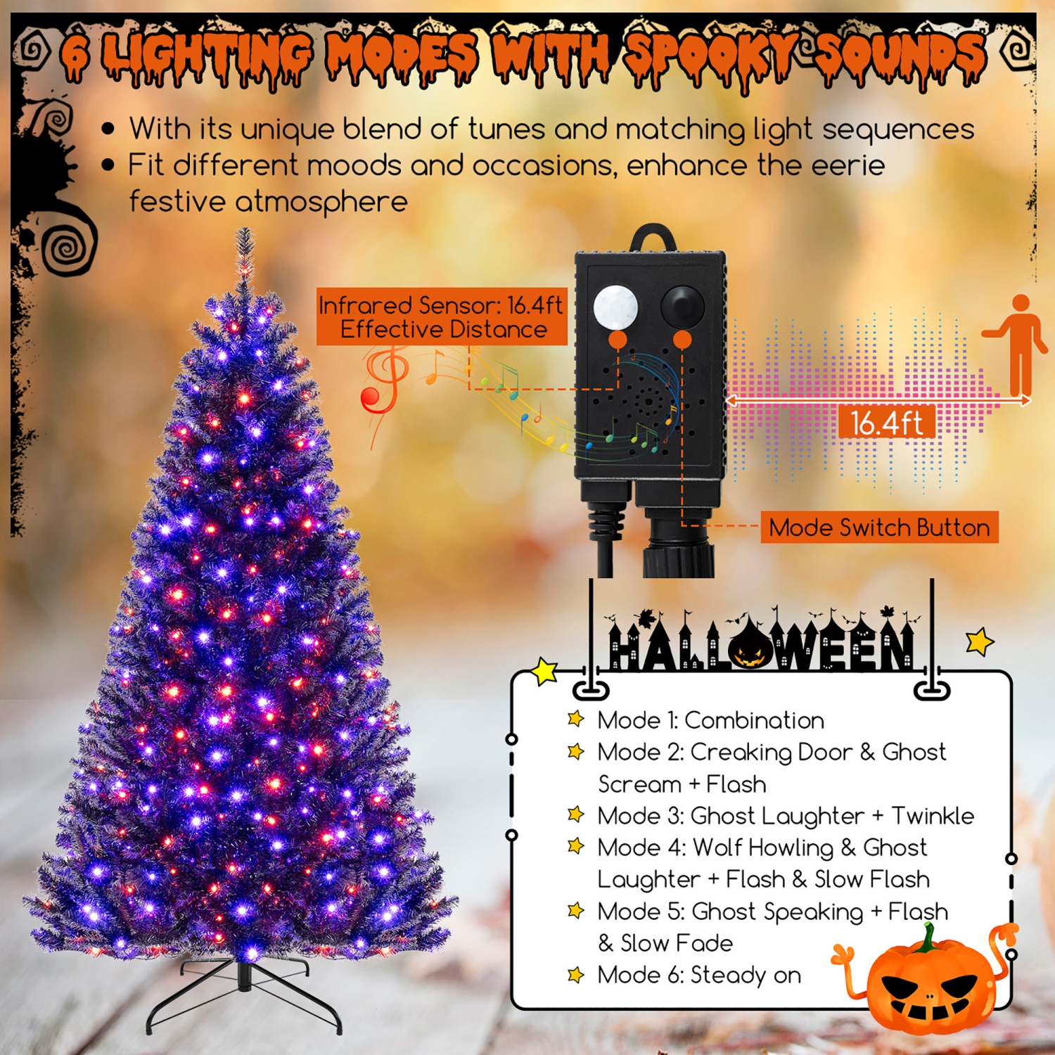 Gymax 6/7/8 Halloween Tree Artificial Decoration Tree w758/1040/1408 Branch Tips 6 Lighting Modes