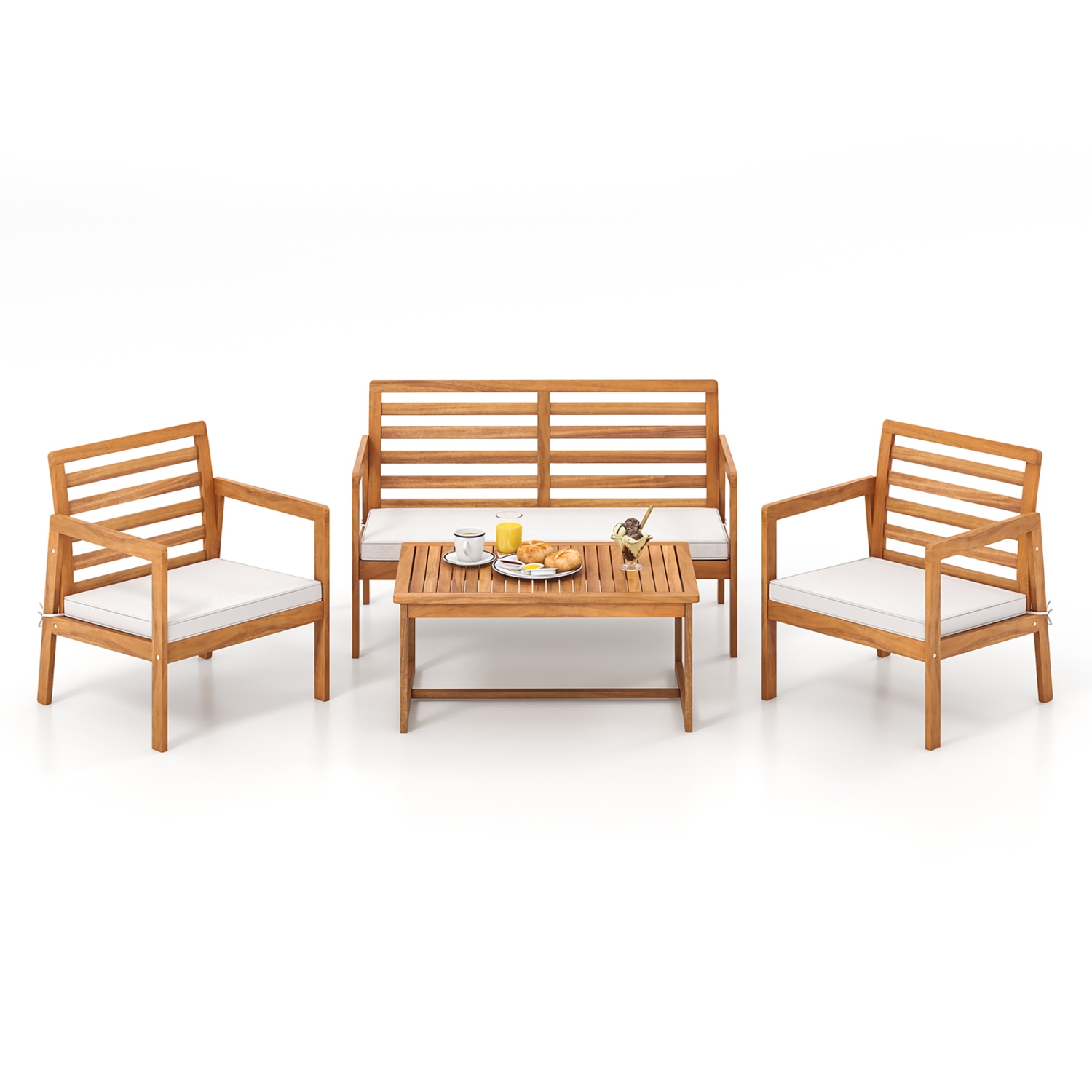 Gymax 4 PCS Wood Patio Furniture Set w/ Soft Seat Cushions Solid Acacia Wood Frame