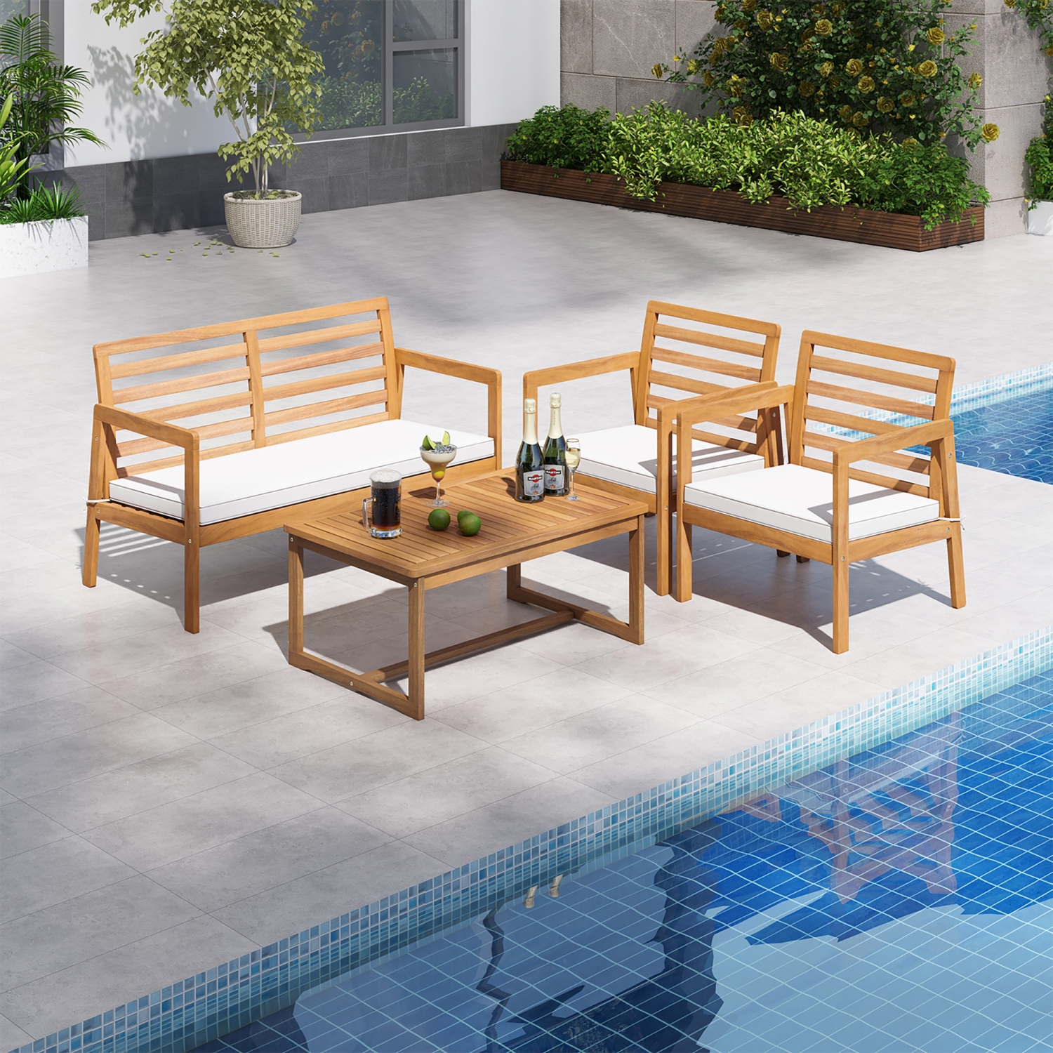 Gymax 4 PCS Wood Patio Furniture Set w/ Soft Seat Cushions Solid Acacia Wood Frame