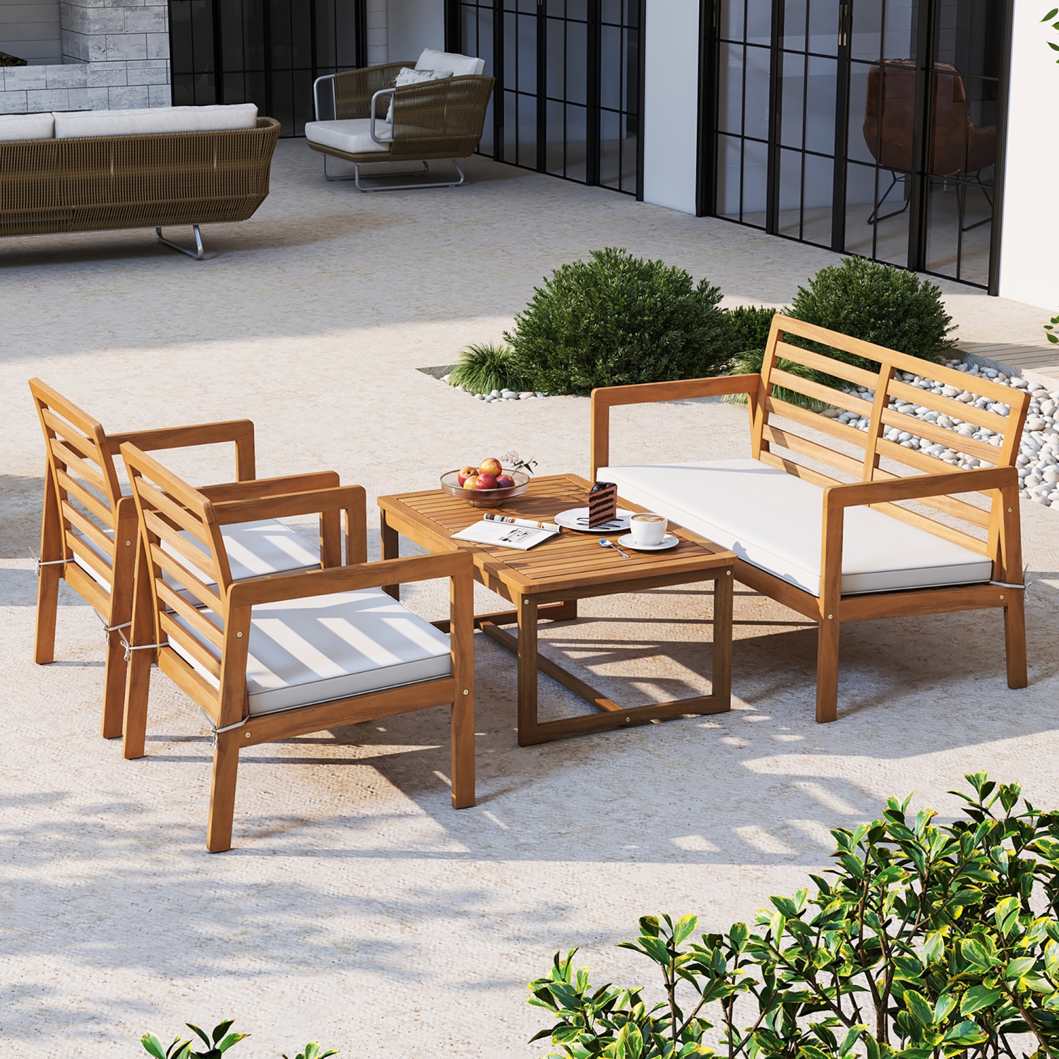 Gymax 4 PCS Wood Patio Furniture Set w/ Soft Seat Cushions Solid Acacia Wood Frame