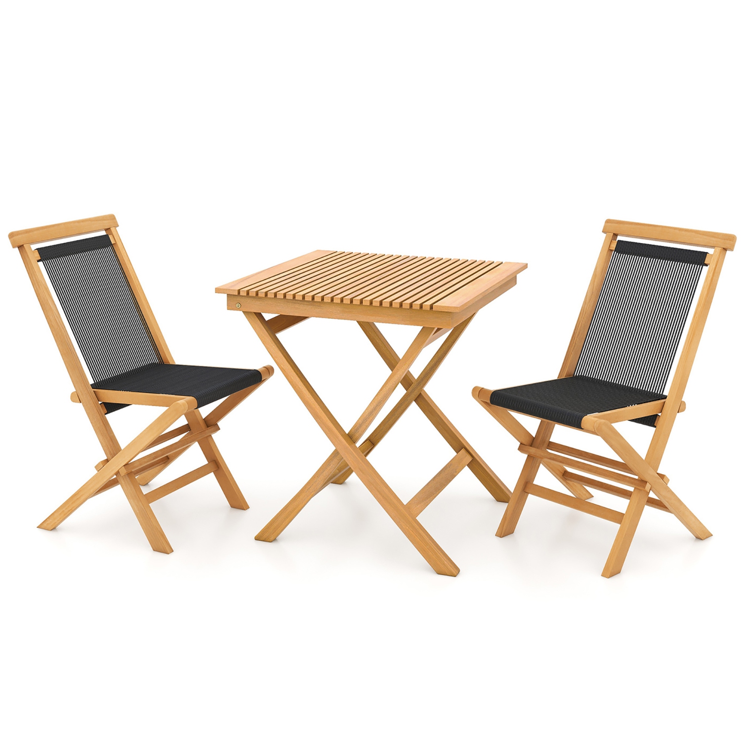 Gymax 3-Piece Patio Bistro Set Teak Wood Square Coffee Table & Folding Chairs Set of 2