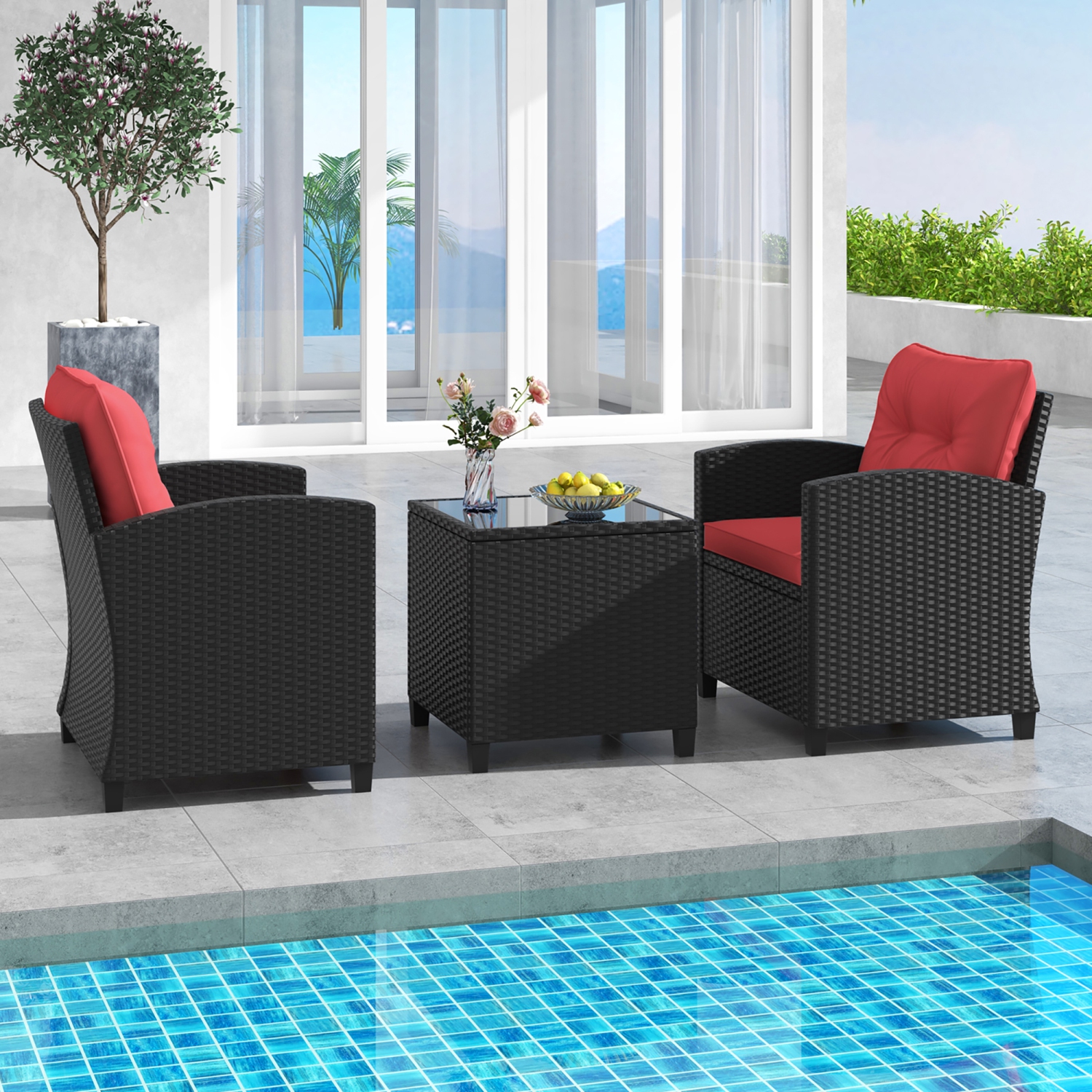 Gymax 3 PCS Patio Furniture Set w/Tempered Glass Coffee Table Washable Cushions