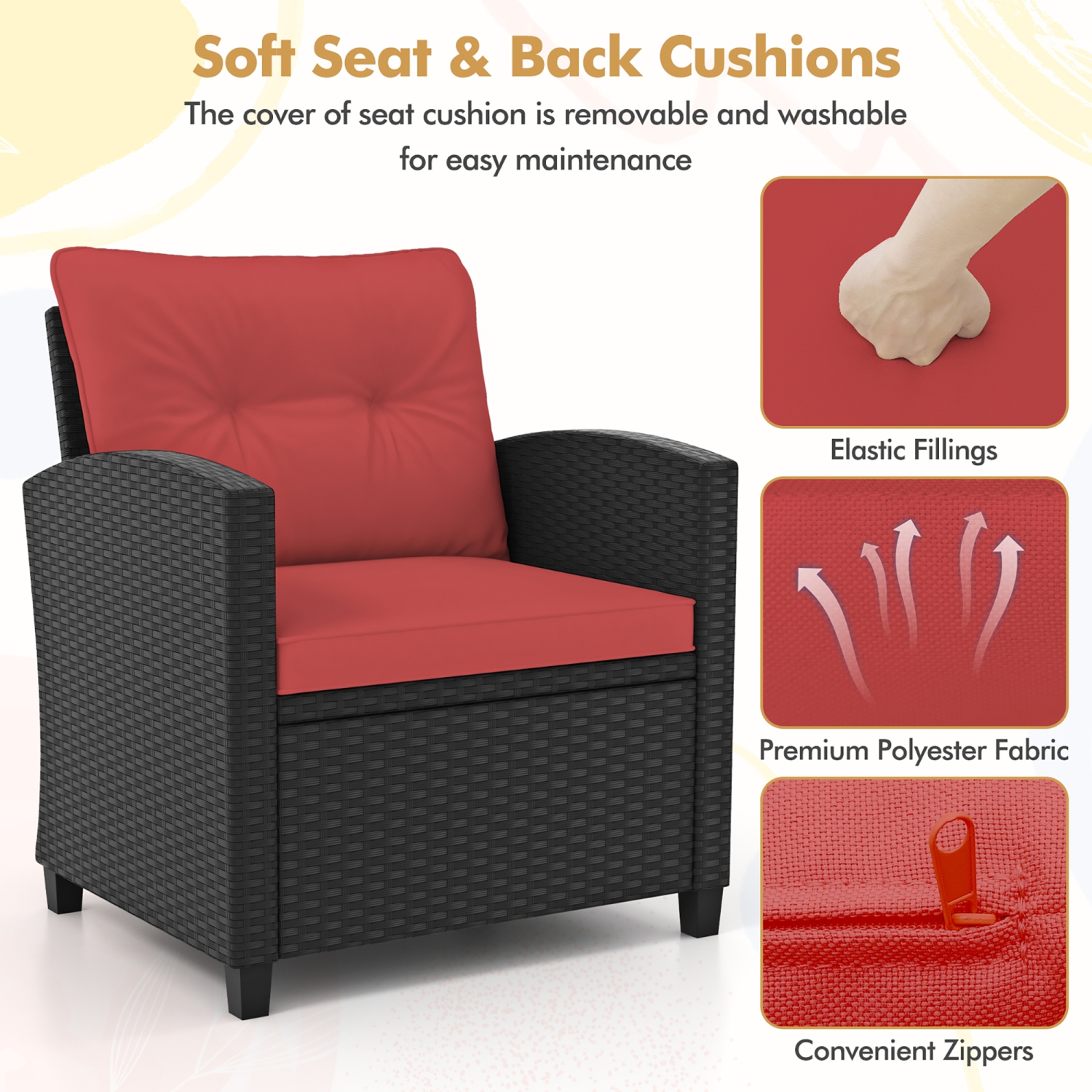 Gymax 3 PCS Patio Furniture Set w/Tempered Glass Coffee Table Washable Cushions