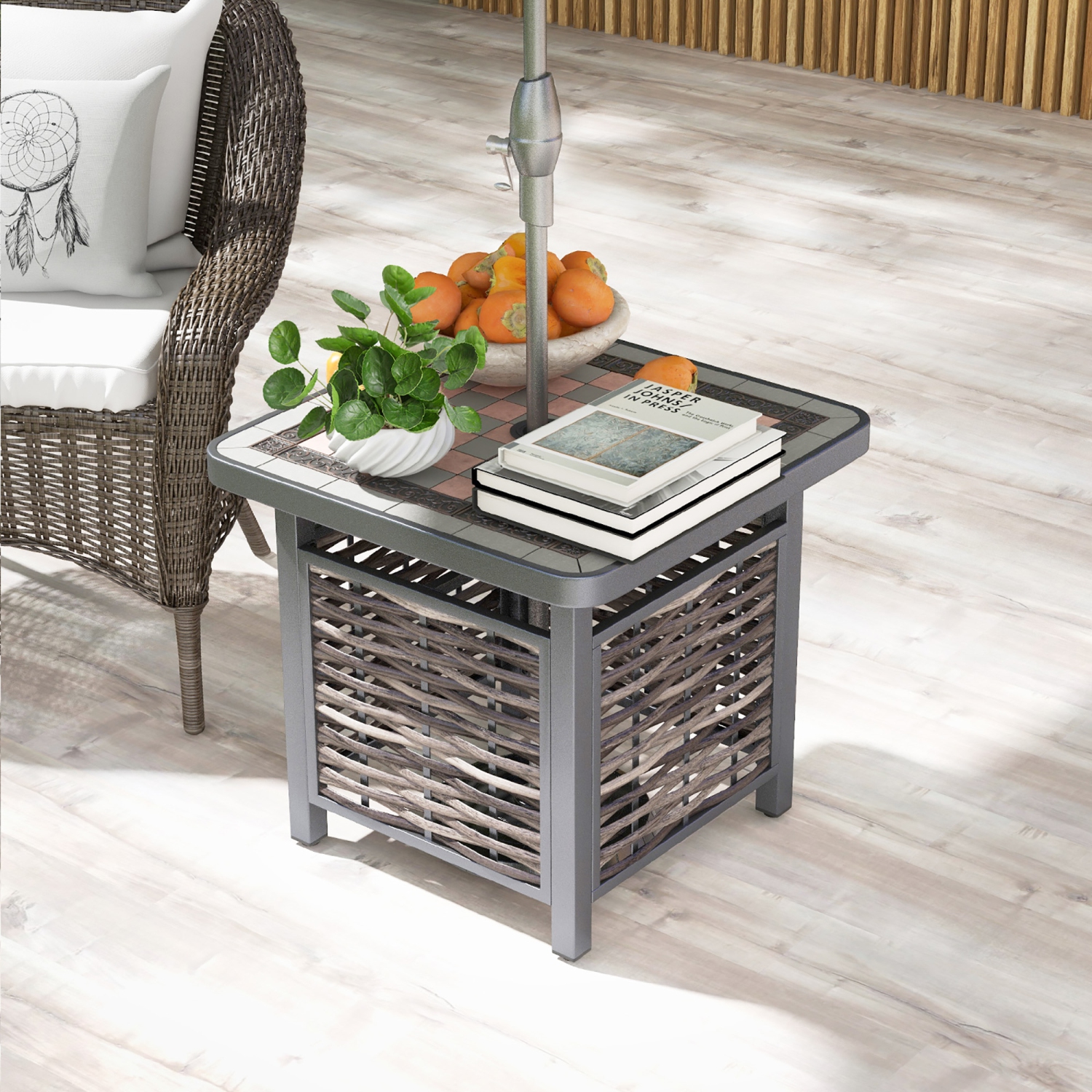 Gymax 21.5 Inches Outdoor PE Rattan Side Table w/ Resin Tabletop Umbrella Hole