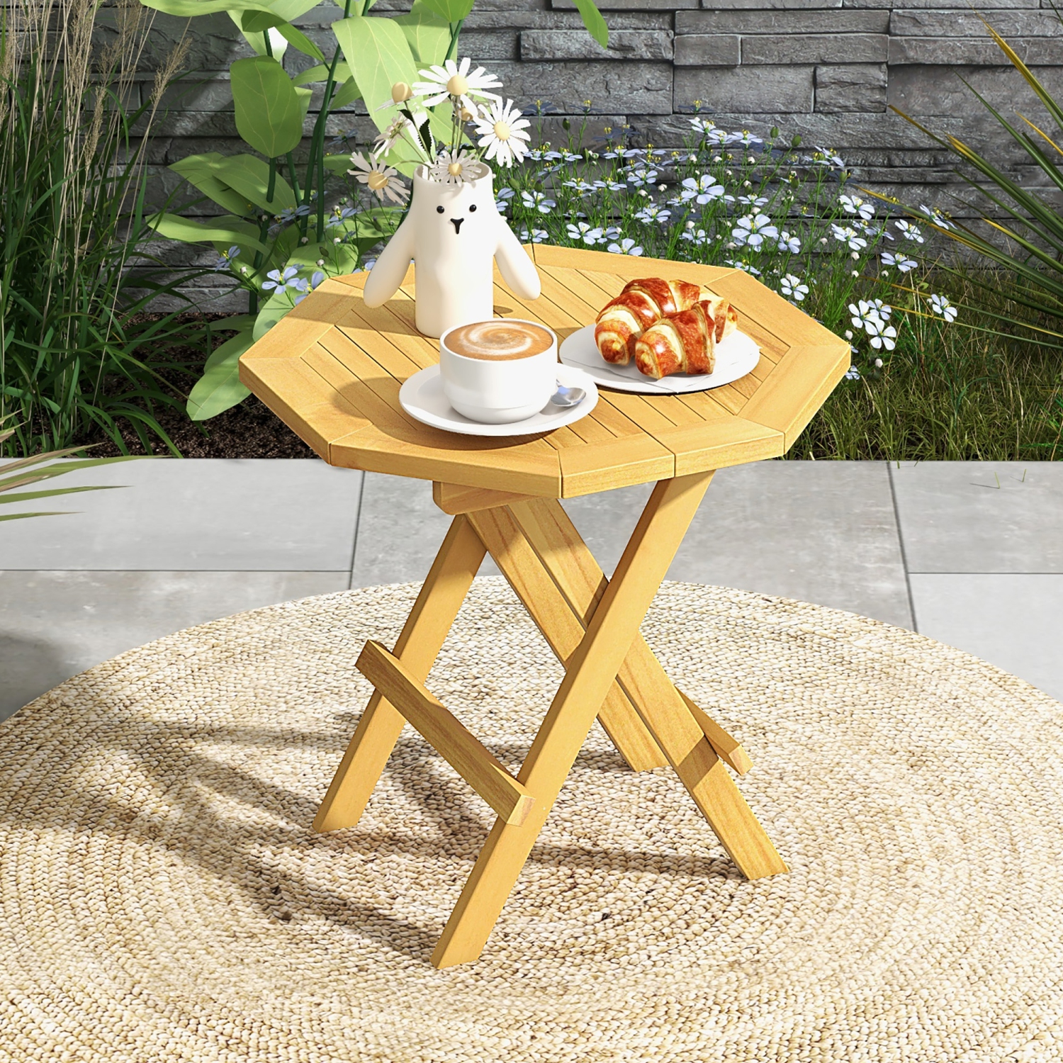 Gymax Patio Folding Side Table w/ X-shaped Legs & Slatted Tabletop for Backyard