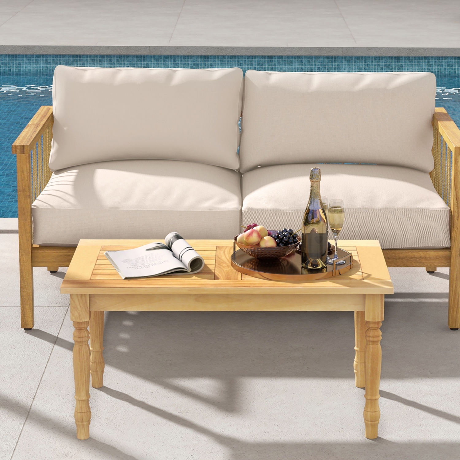 Gymax Patio Coffee Table w/ Solid Teak Wood Structure Slatted Tabletop for Backyard
