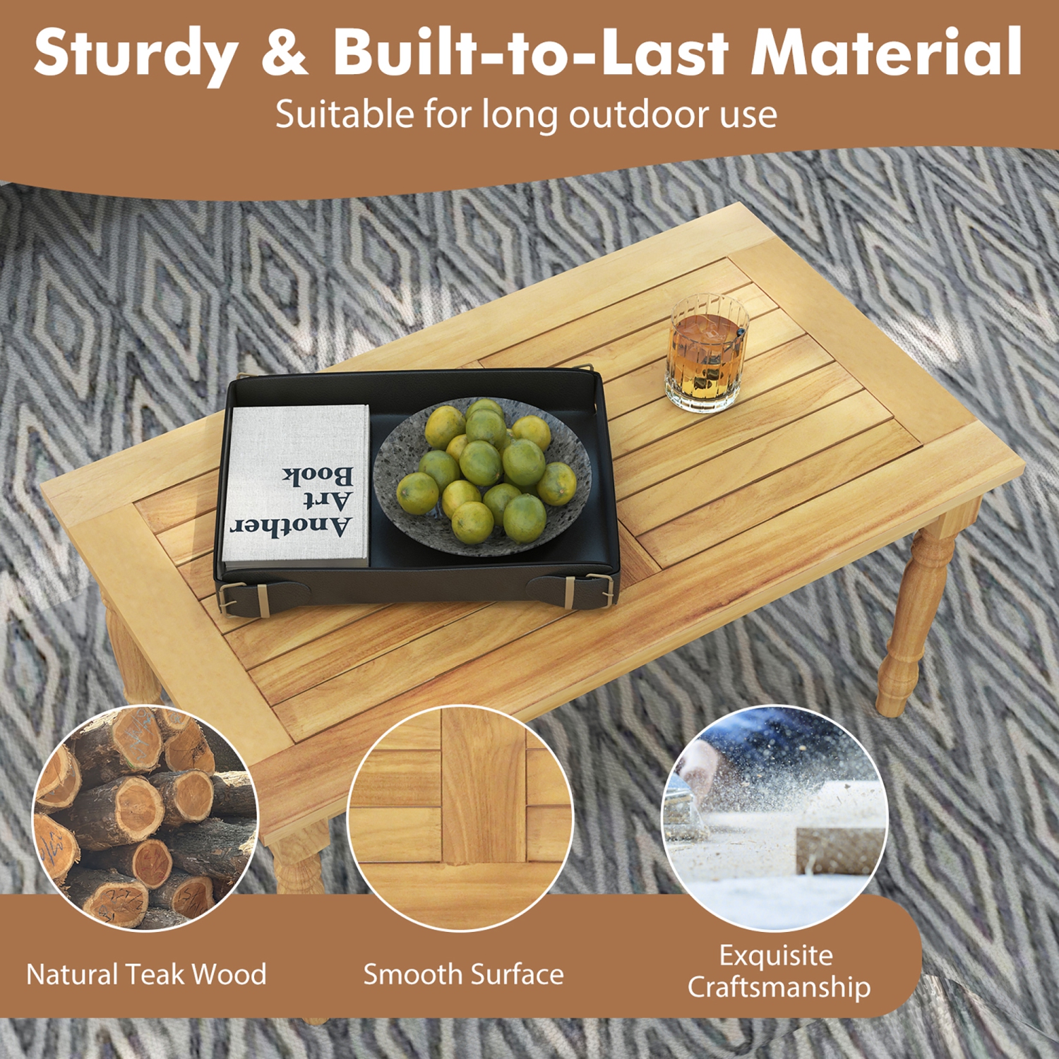 Gymax Patio Coffee Table w/ Solid Teak Wood Structure Slatted Tabletop for Backyard