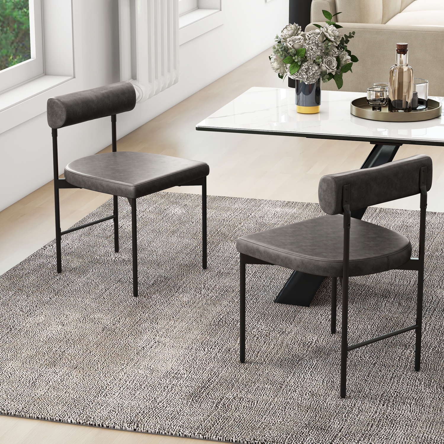 Gymax Dining Chair Set of 2 Faux Leather Upholstered Kitchen Side Chair w/ Curved