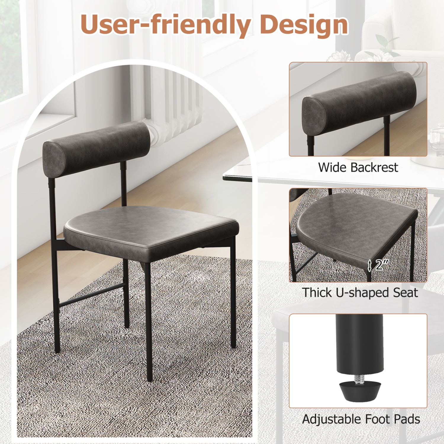 Gymax Dining Chair Set of 2 Faux Leather Upholstered Kitchen Side Chair w/ Curved