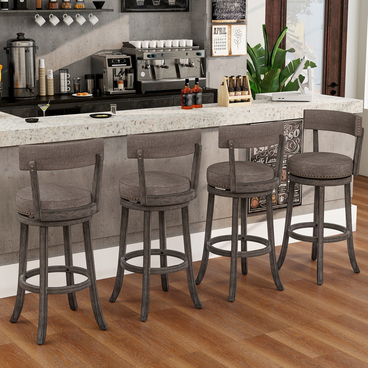 Gymax 31'' Bar Height Chairs Set of 4 w/ 360° Swivel Seat Back & Cushioned Seat