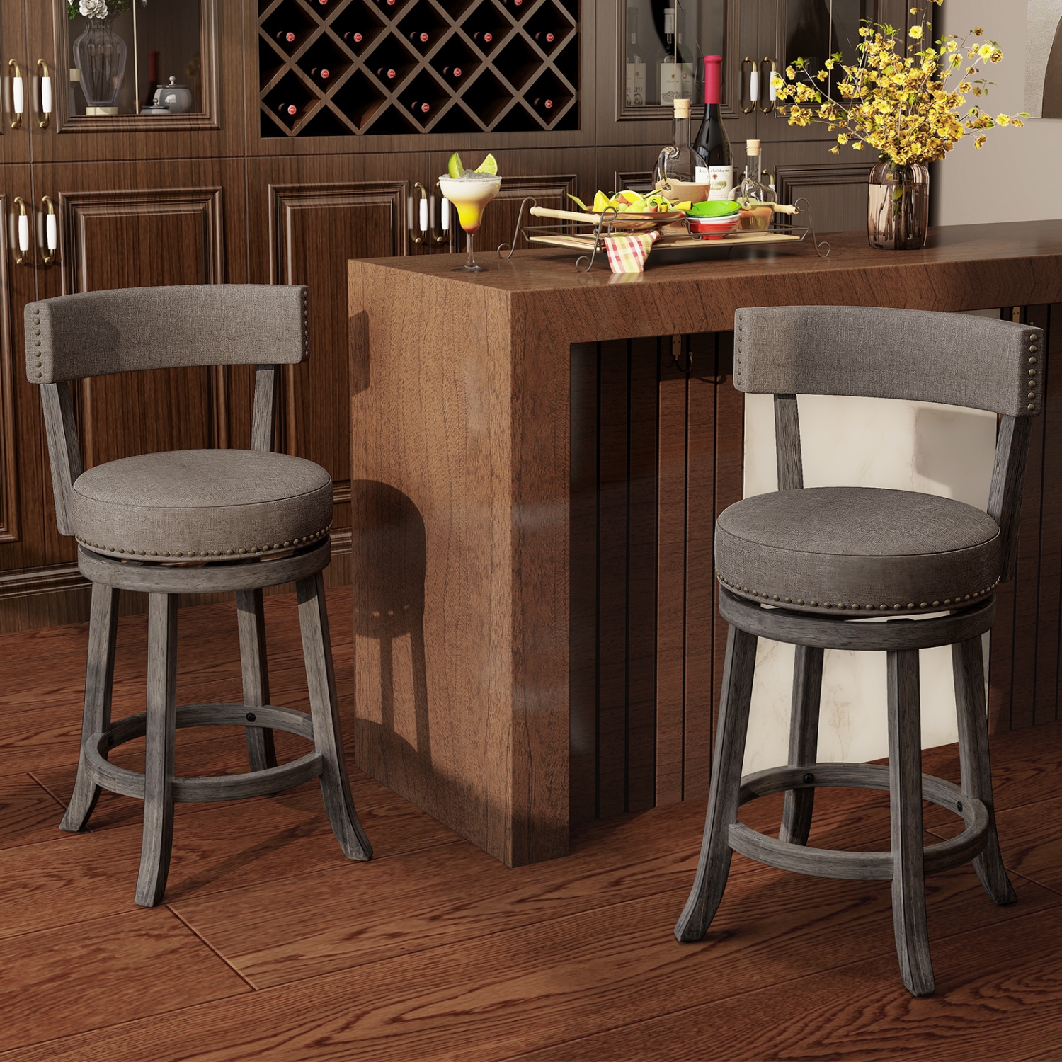 Gymax 26'' Counter Height Chairs Set of 2 w/ 360° Swivel Seat Back & Cushioned Seat