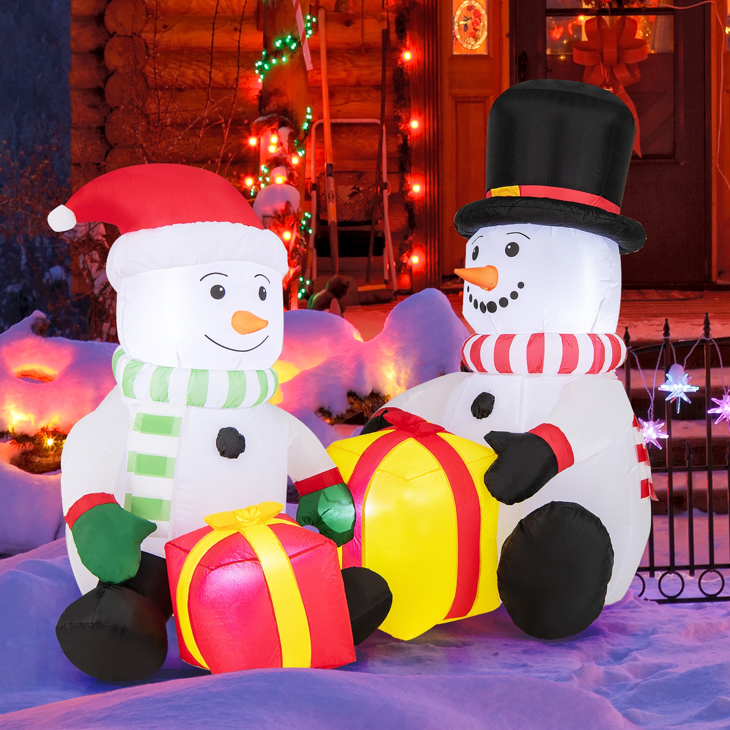 Gymax 5FT Long Christmas Inflatables LED Lighted Xmas Double Inflatable Snowmen