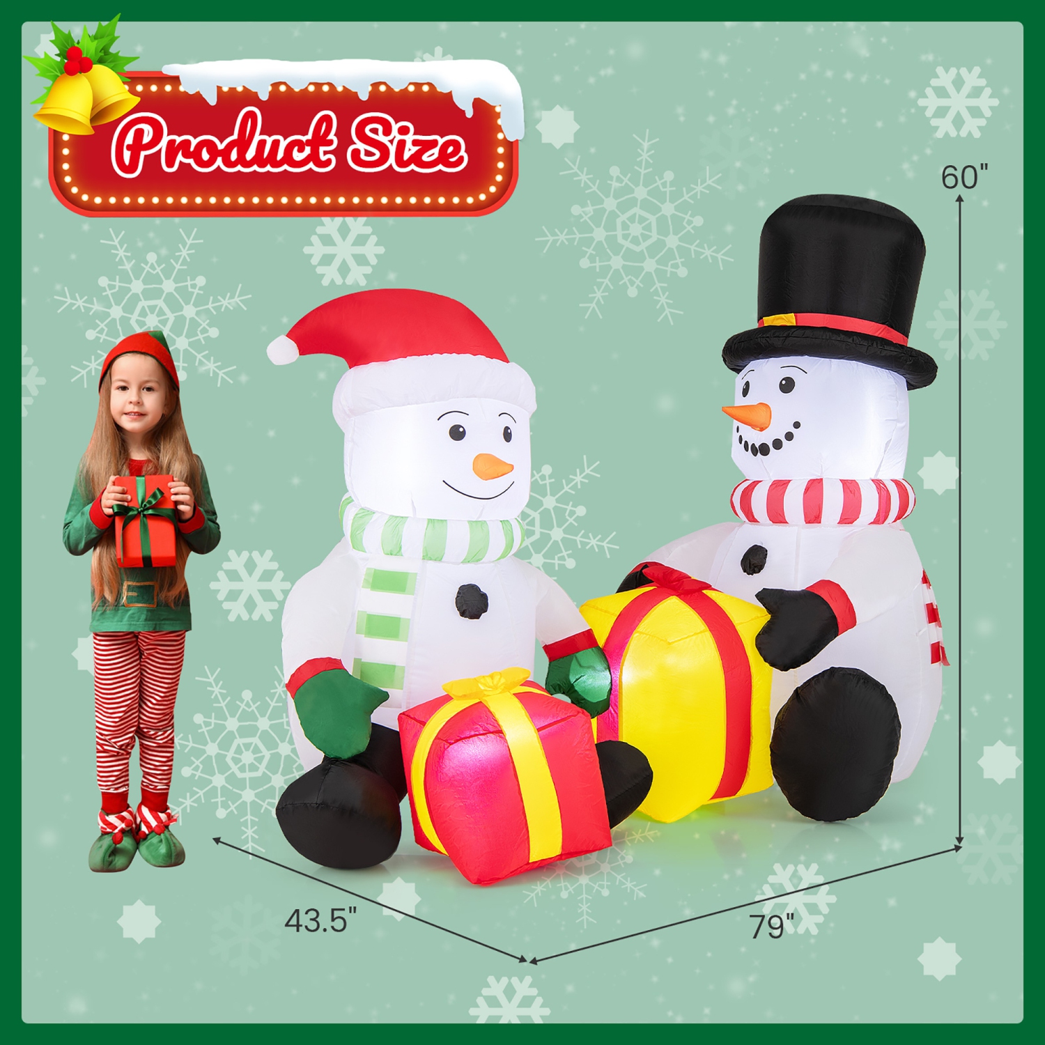 Gymax 5FT Long Christmas Inflatables LED Lighted Xmas Double Inflatable Snowmen