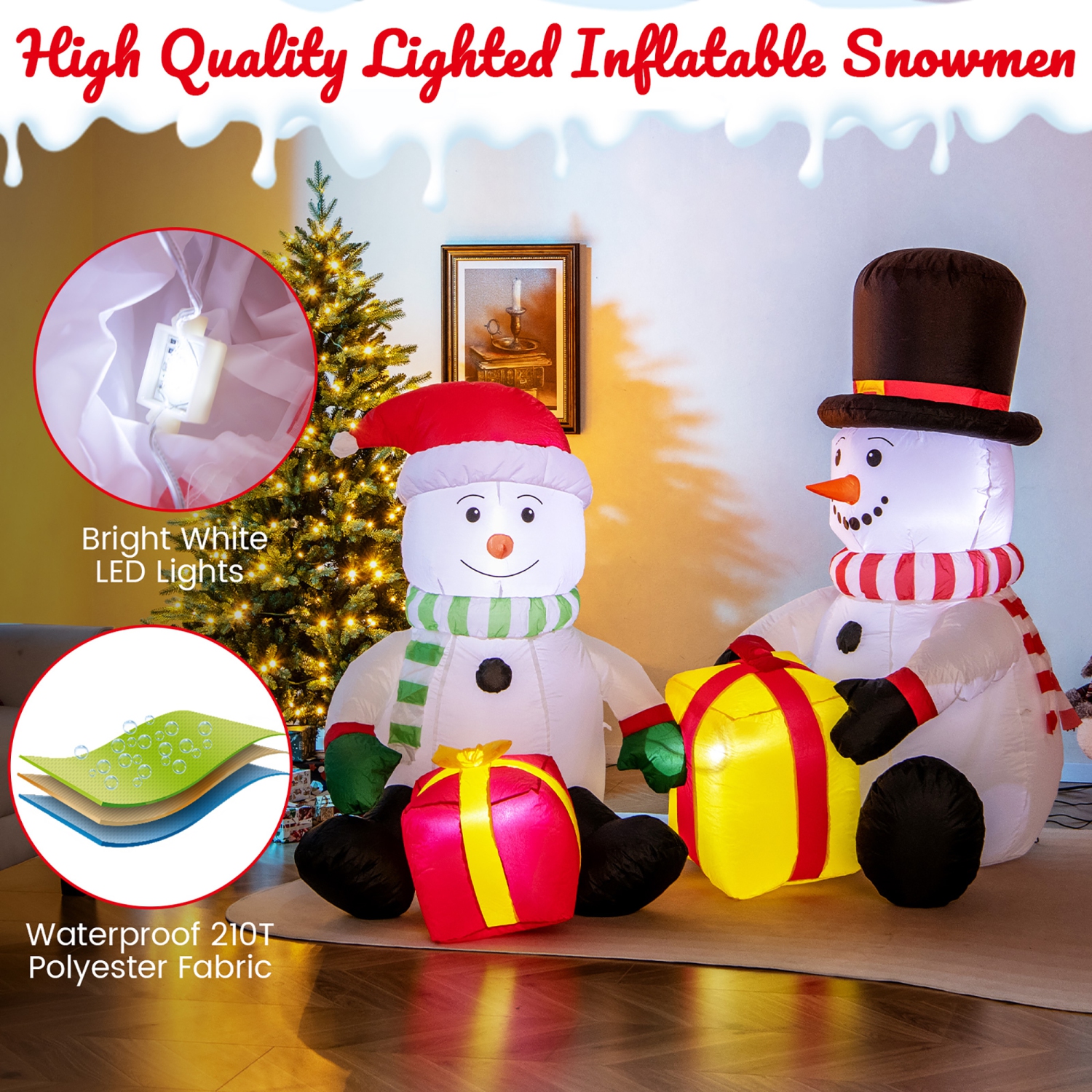 Gymax 5FT Long Christmas Inflatables LED Lighted Xmas Double Inflatable Snowmen