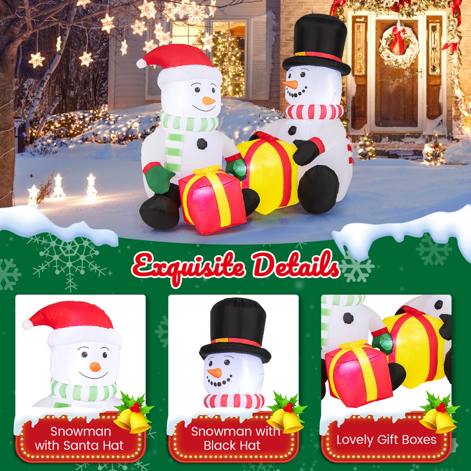 Gymax 5FT Long Christmas Inflatables LED Lighted Xmas Double Inflatable Snowmen