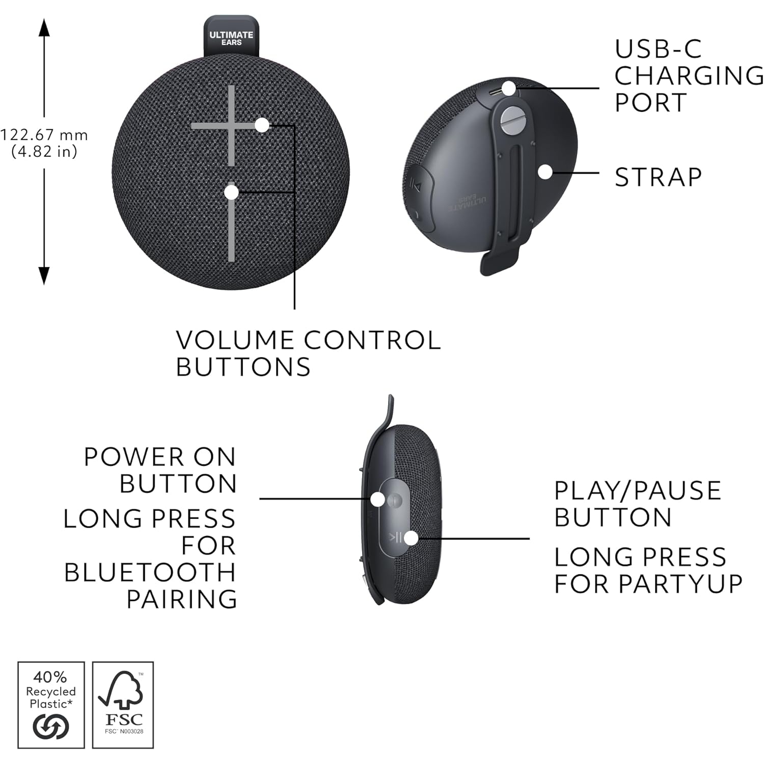 Ultimate Ears MINIROLL Waterproof Bluetooth Wireless Mini Portable Speaker
