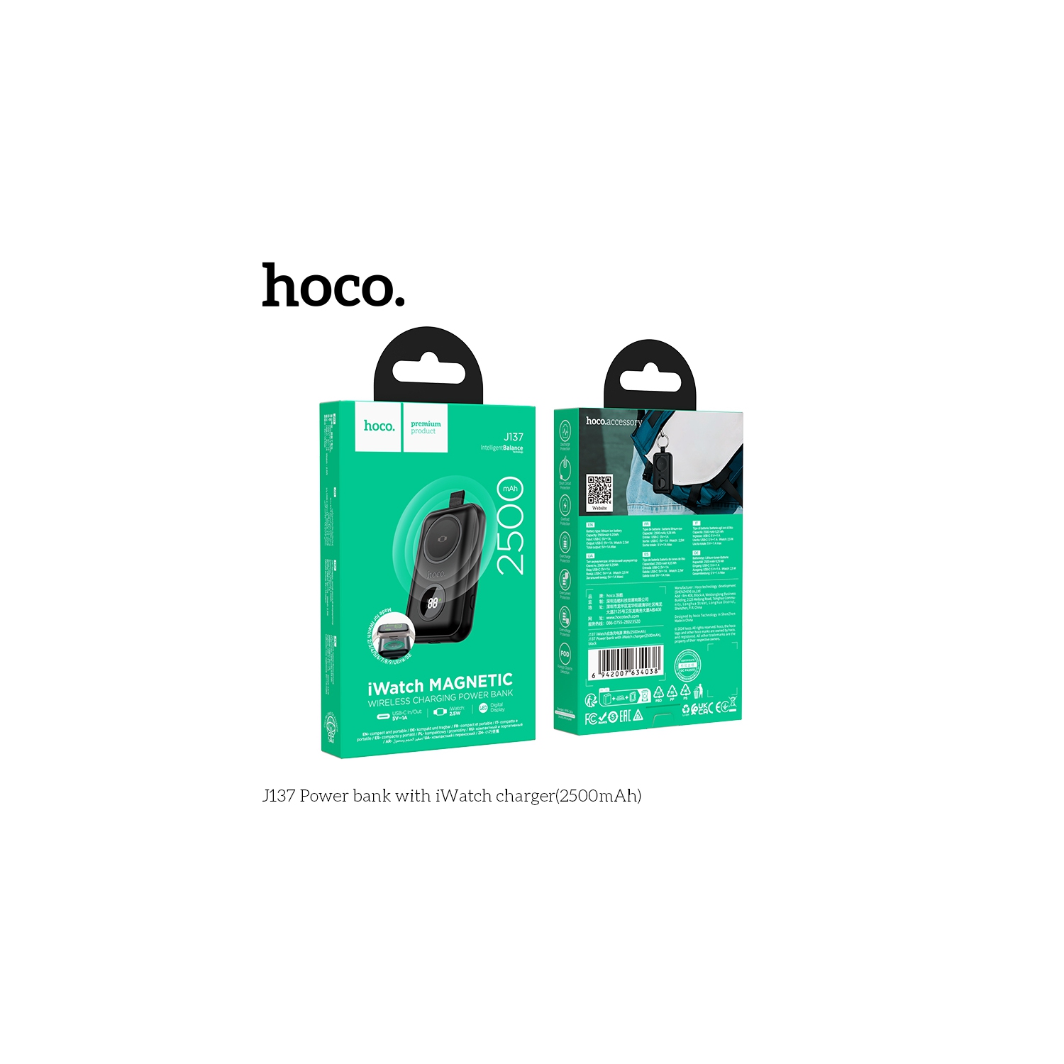 HOCO J137 2500mAh Power bank for Apple Smart Watch Charger mini Pocket Light Power Supply LED digital indicator - Black