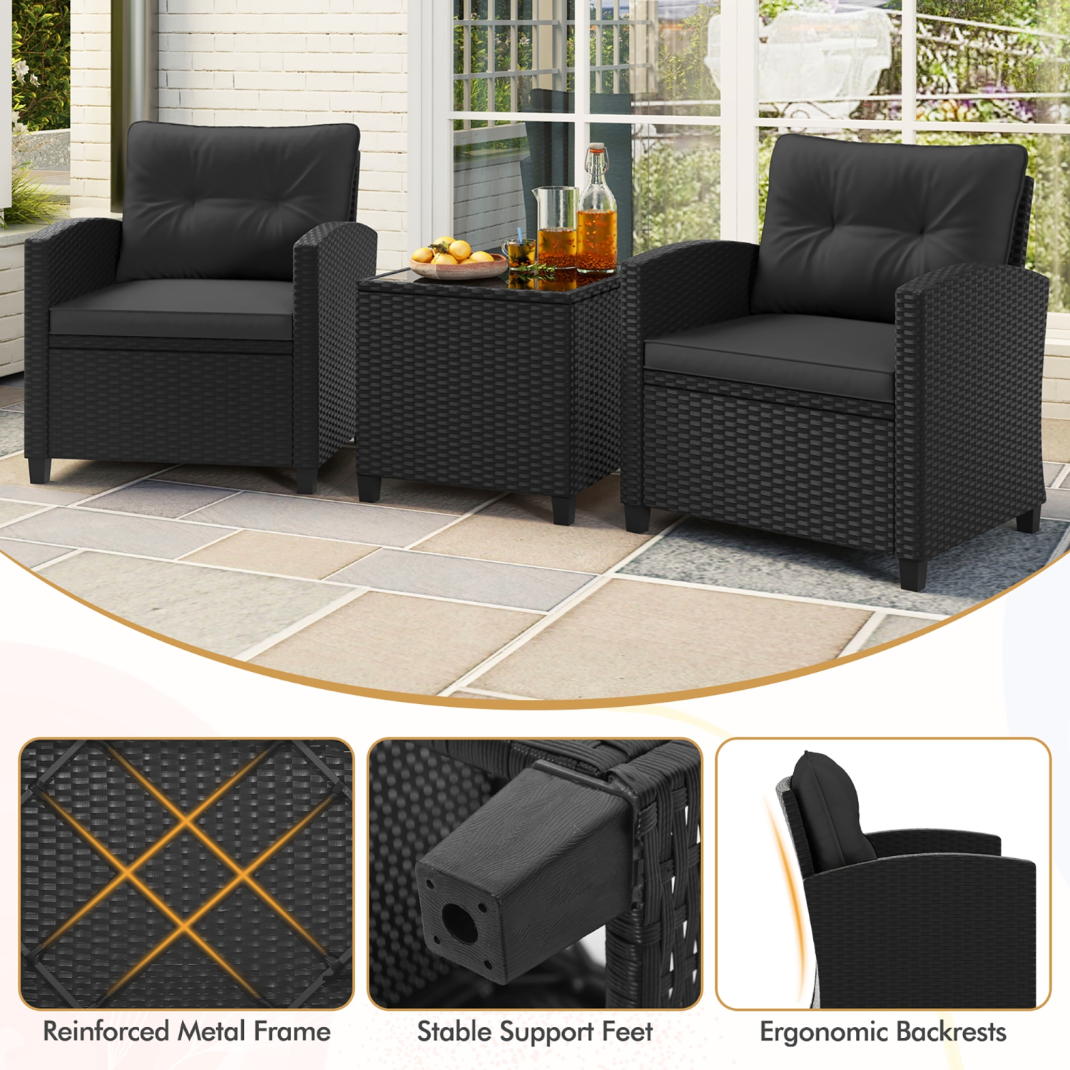 Gymax 3 PCS Patio Furniture Set w/Tempered Glass Coffee Table Washable Cushions Black