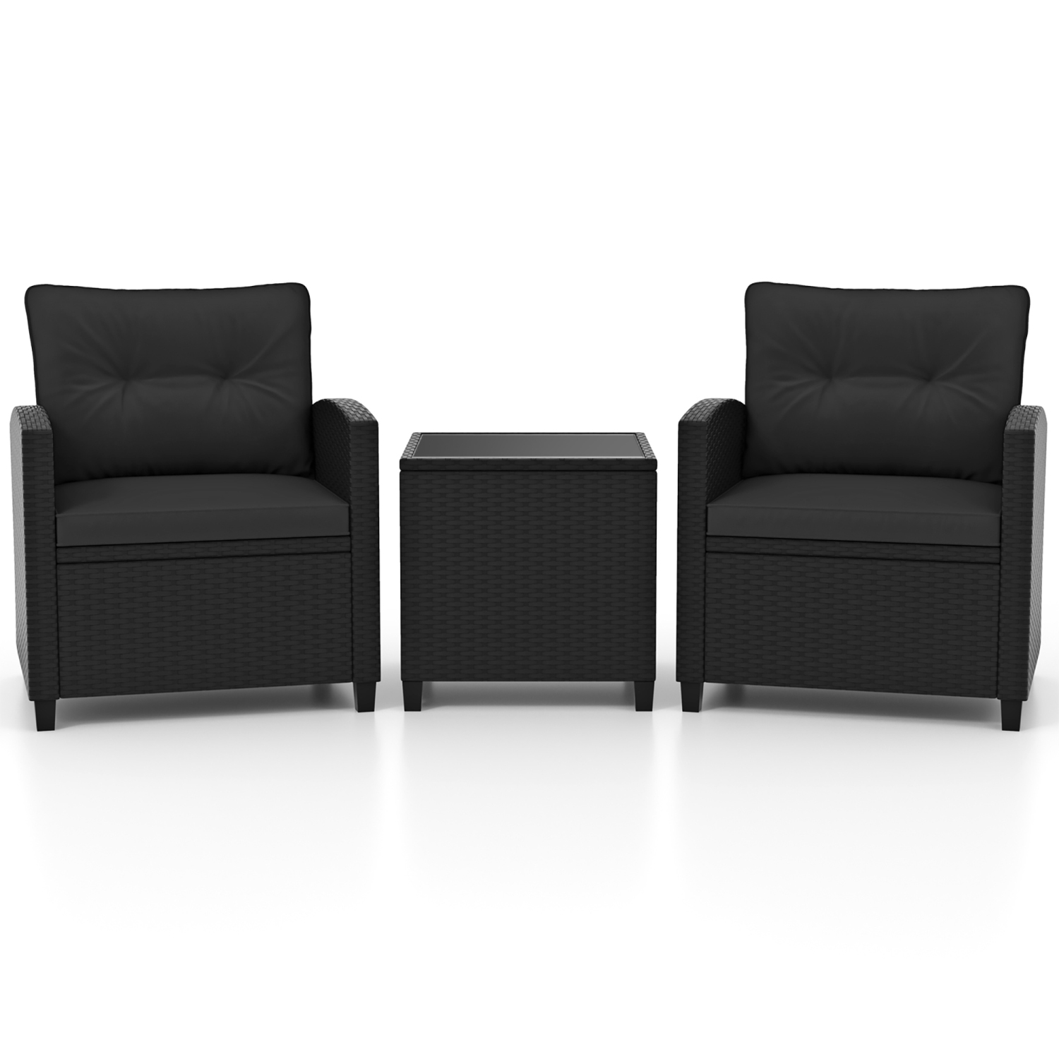 Gymax 3 PCS Patio Furniture Set w/Tempered Glass Coffee Table Washable Cushions Black