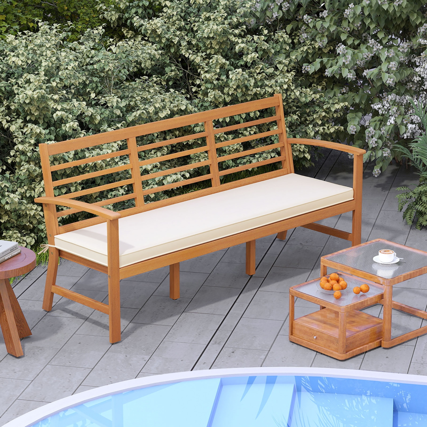 Gymax 3-Seat Patio 64 Inch Wood Bench w/ Seat Cushion Slatted Seat & Backrest Outdoor
