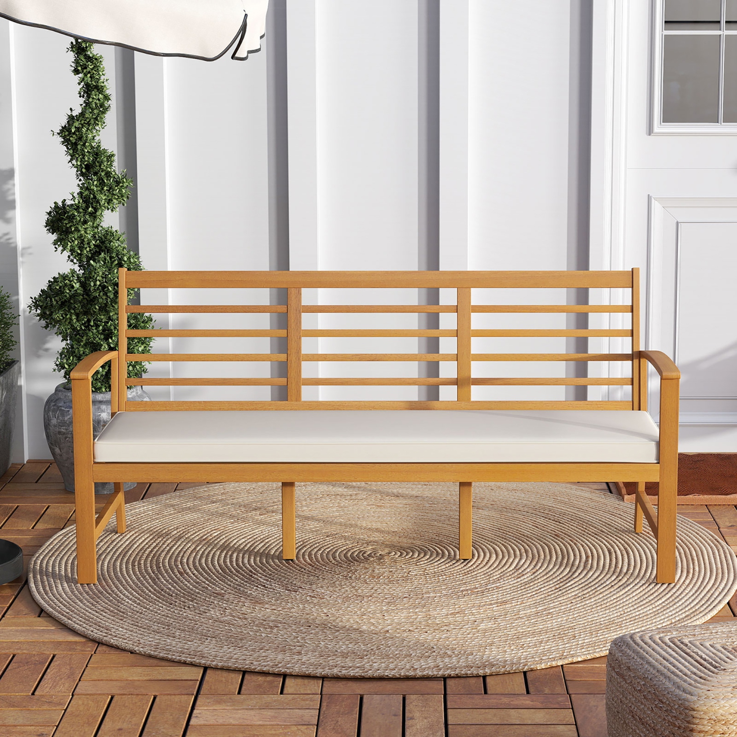 Gymax 3-Seat Patio 64 Inch Wood Bench w/ Seat Cushion Slatted Seat & Backrest Outdoor