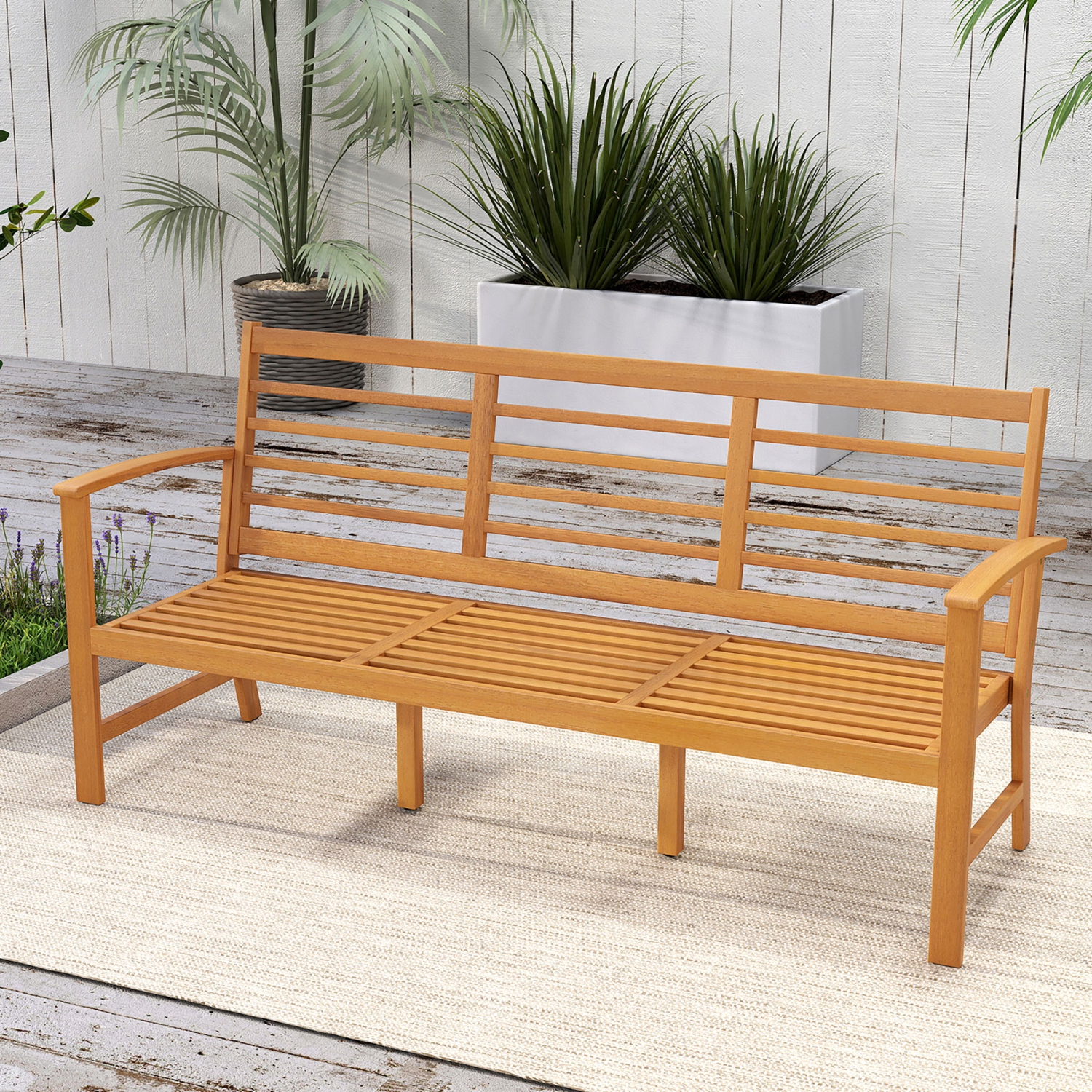 Gymax 3-Seat Patio 64 Inch Wood Bench w/ Seat Cushion Slatted Seat & Backrest Outdoor