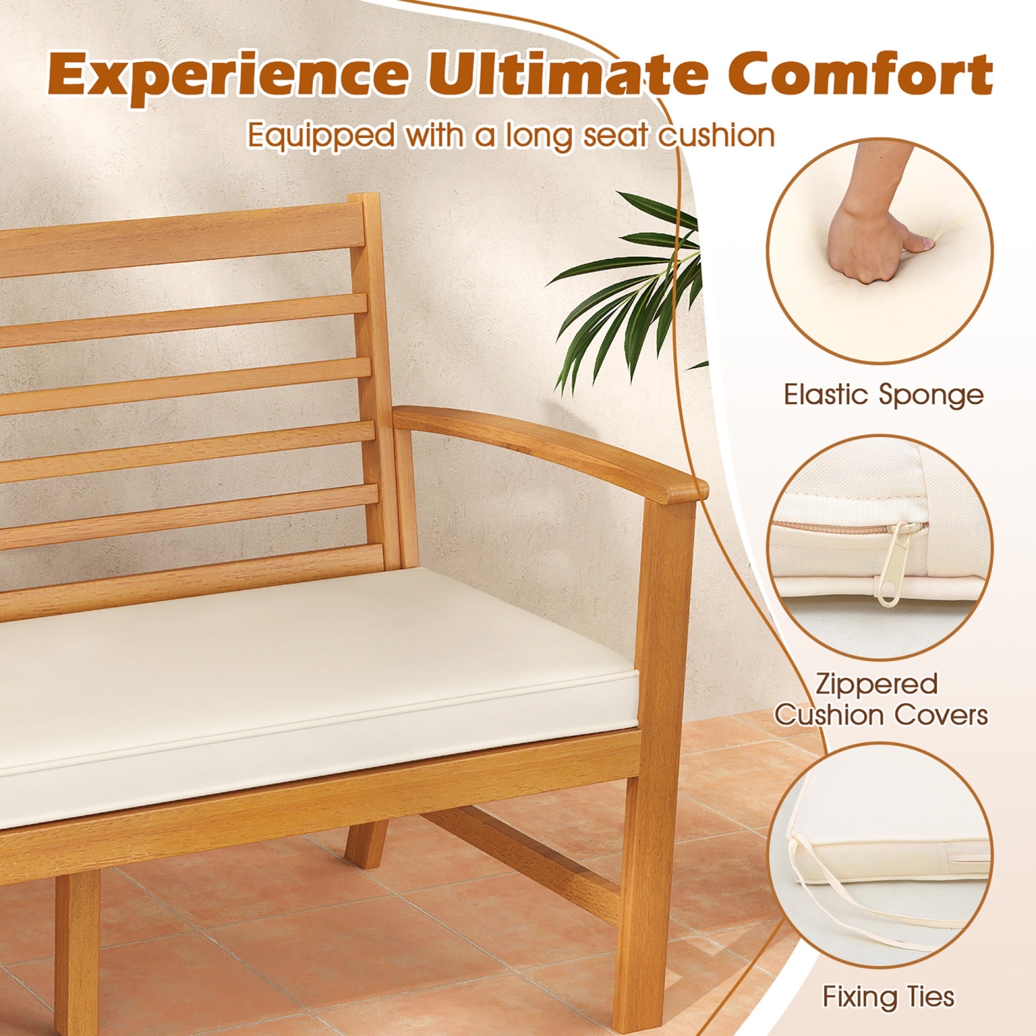 Gymax 3-Seat Patio 64 Inch Wood Bench w/ Seat Cushion Slatted Seat & Backrest Outdoor