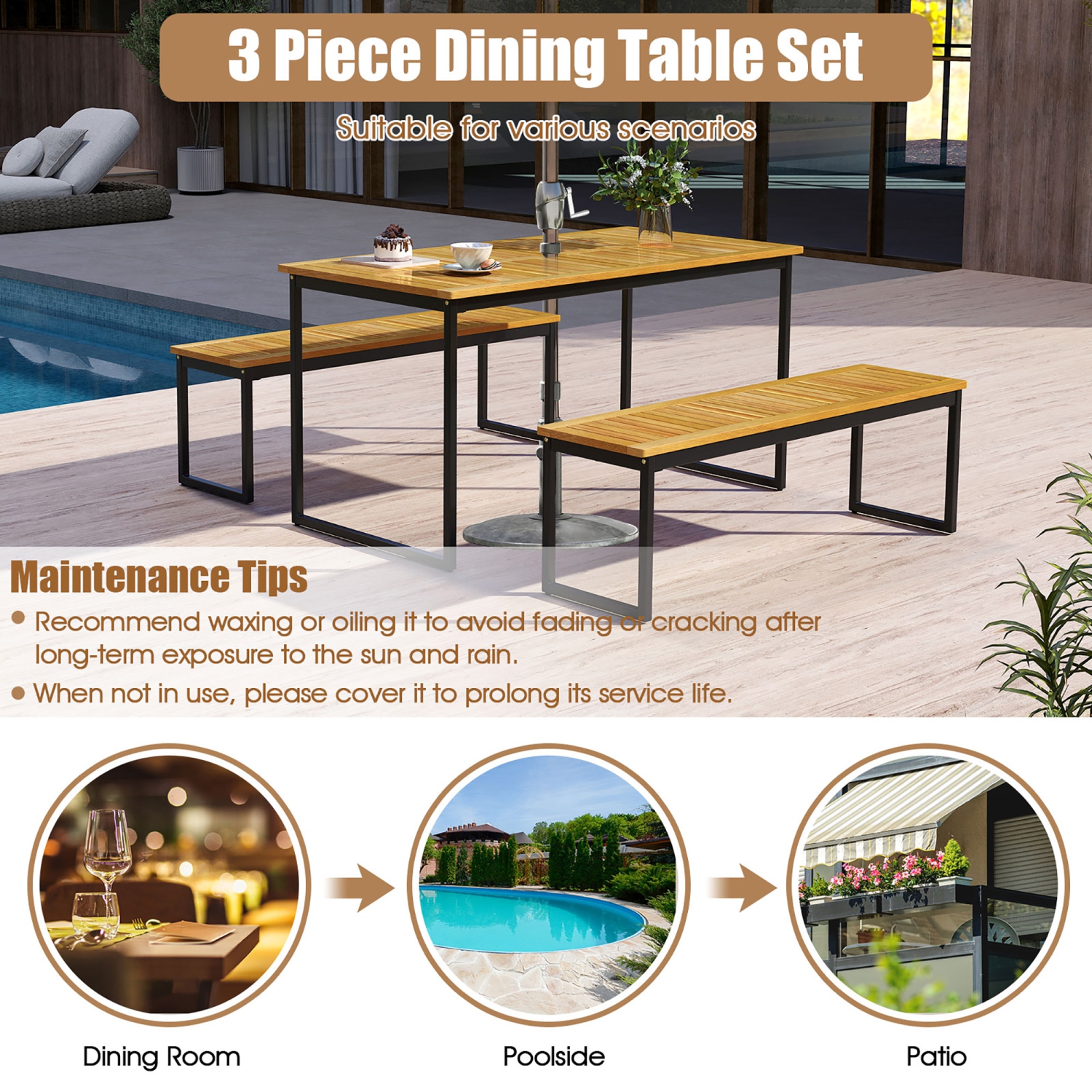 Gymax 2PCS 51'' Wooden Outdoor Bench Patio Dining Bench w/Acacia Wood Seat Natural