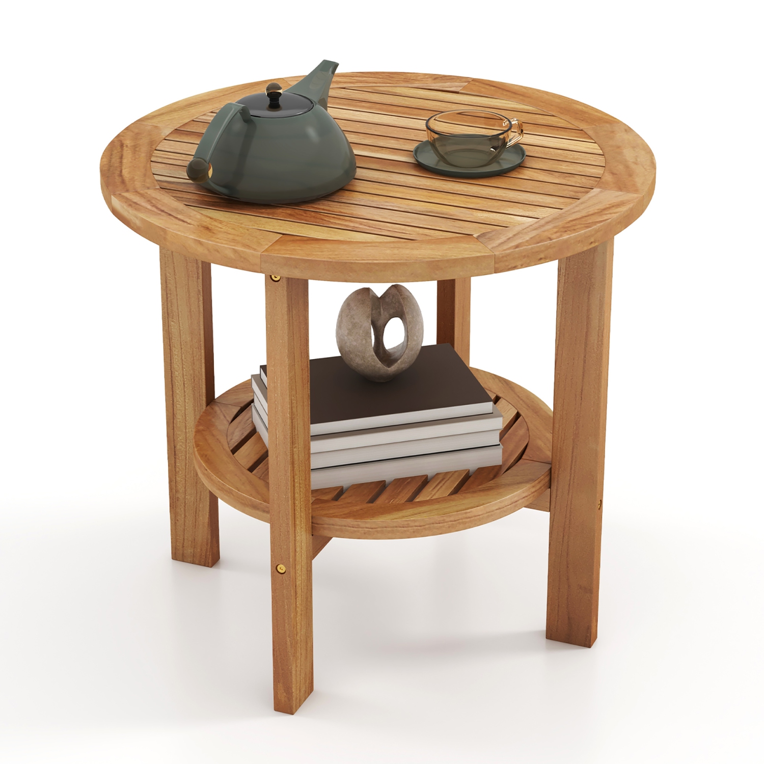 Gymax Teak Wood 2-Tier Side Table 19.5'' Round Coffee Table End Table w/ Slatted Top
