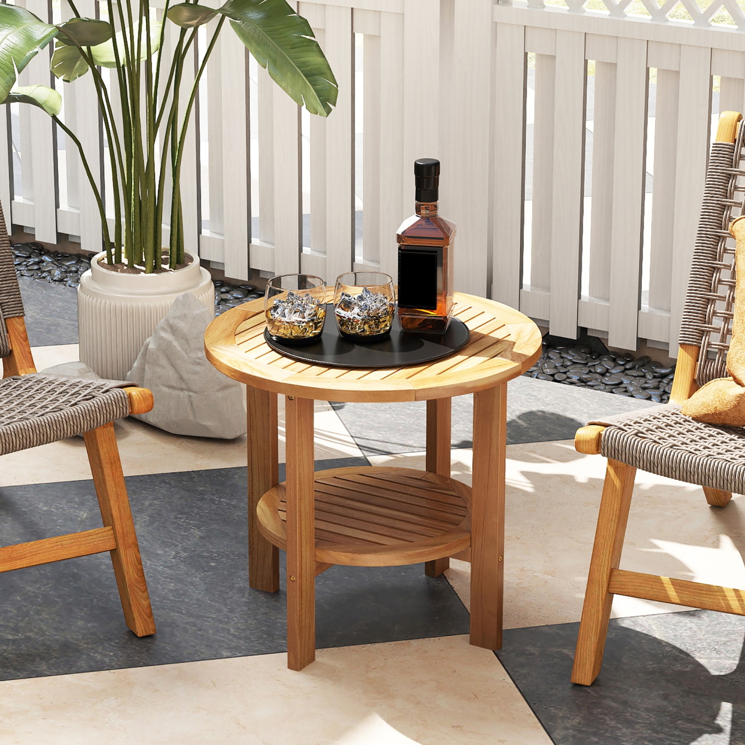 Gymax Teak Wood 2-Tier Side Table 19.5'' Round Coffee Table End Table w/ Slatted Top