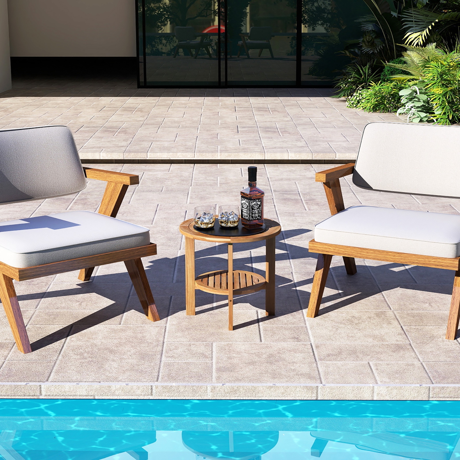 Gymax Teak Wood 2-Tier Side Table 19.5'' Round Coffee Table End Table w/ Slatted Top