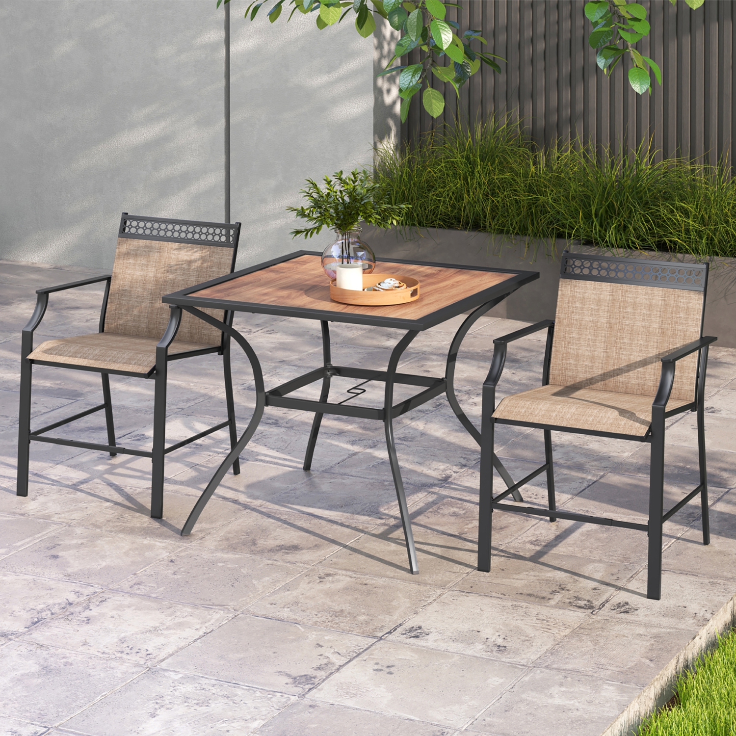 Gymax Patio Table for 4 People w/ Umbrella Hole Wood-Like Tabletop Metal Support Legs