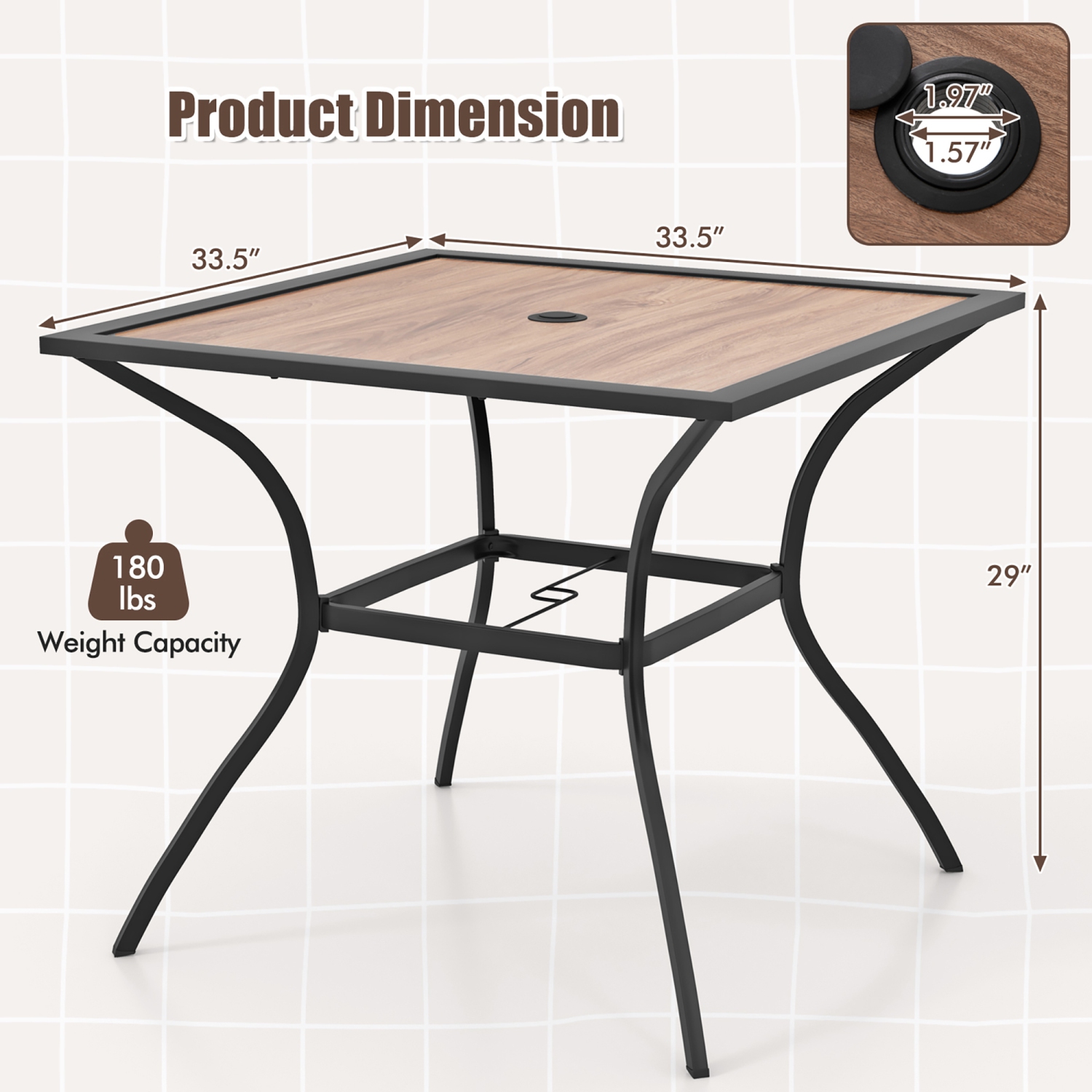 Gymax Patio Table for 4 People w/ Umbrella Hole Wood-Like Tabletop Metal Support Legs