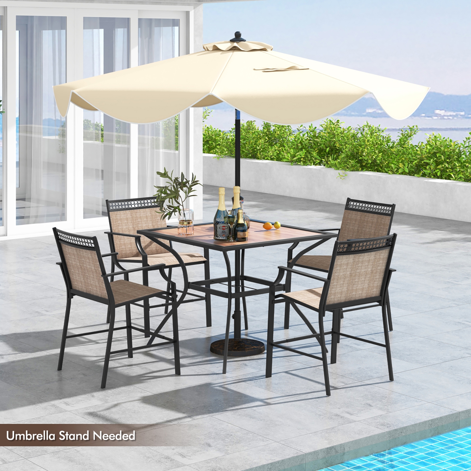 Gymax Patio Table for 4 People w/ Umbrella Hole Wood-Like Tabletop Metal Support Legs