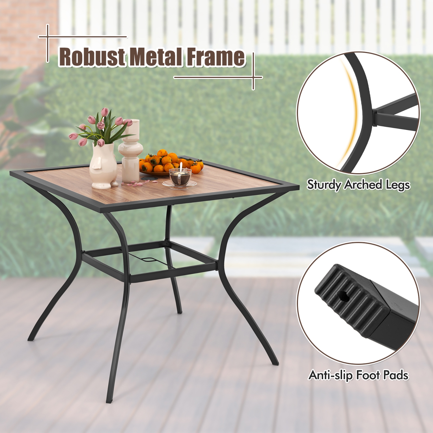 Gymax Patio Table for 4 People w/ Umbrella Hole Wood-Like Tabletop Metal Support Legs