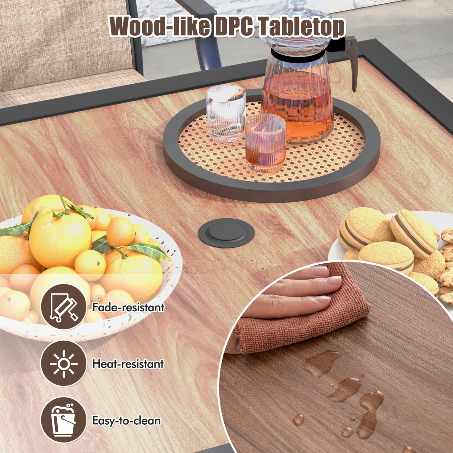 Gymax Patio Table for 4 People w/ Umbrella Hole Wood-Like Tabletop Metal Support Legs