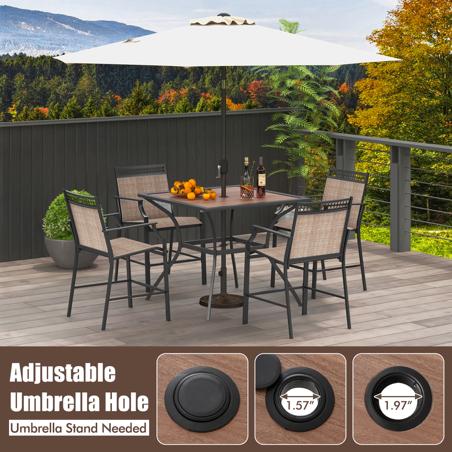 Gymax Patio Table for 4 People w/ Umbrella Hole Wood-Like Tabletop Metal Support Legs