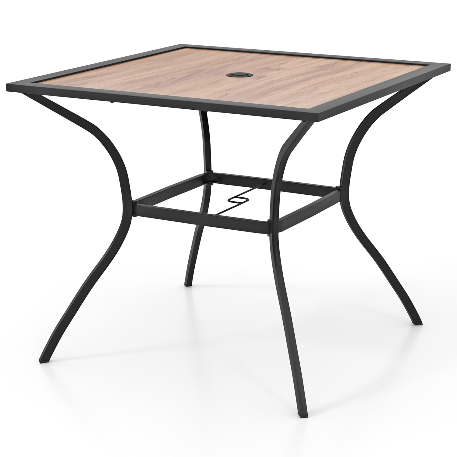 Gymax Patio Table for 4 People w/ Umbrella Hole Wood-Like Tabletop Metal Support Legs