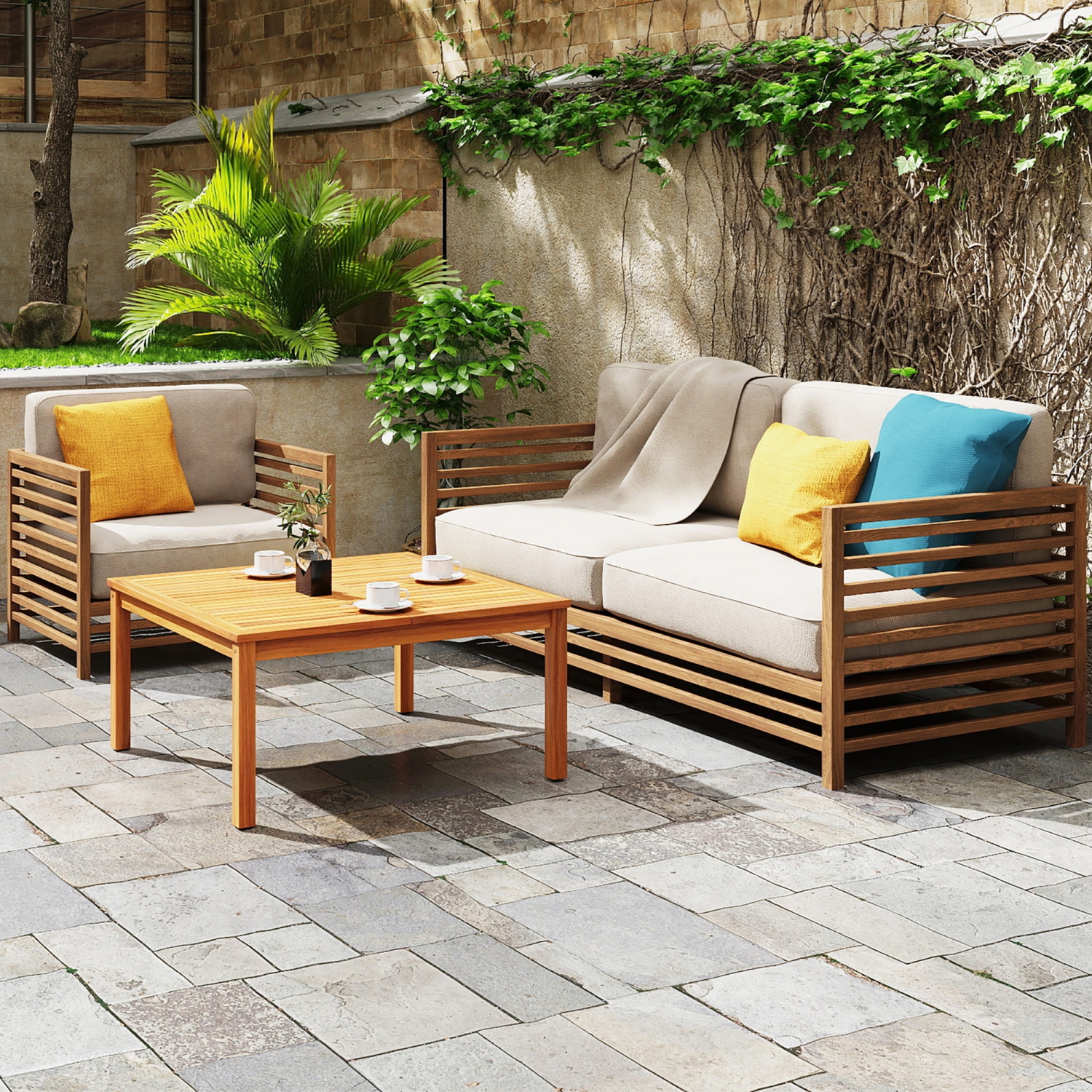 Gymax Outdoor Coffee Table w/ Slatted Tabletop Small Outside Table Square Patio Table