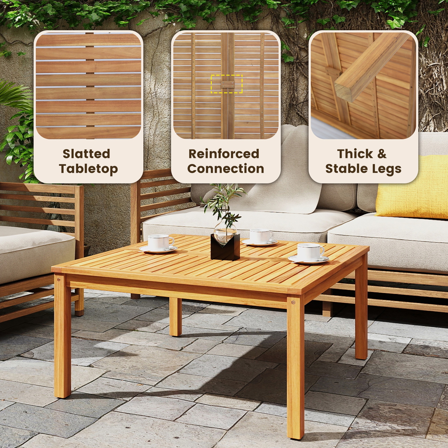 Gymax Outdoor Coffee Table w/ Slatted Tabletop Small Outside Table Square Patio Table